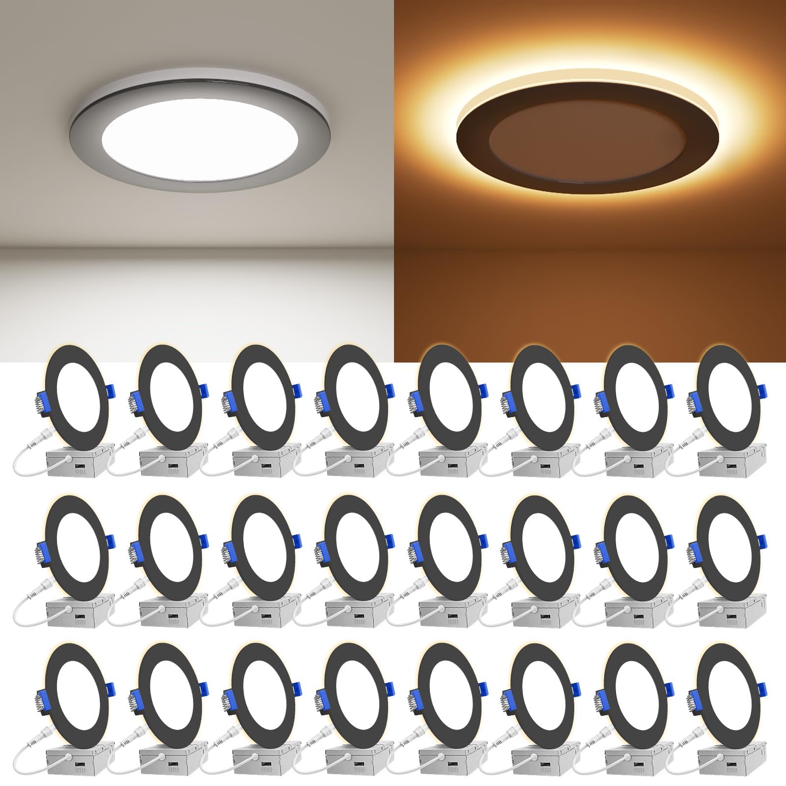 VOLISUN 24 Pack 4 Inch Black Recessed Light with Night Light, Canless LED Recessed Lighting 4 inch, 2700K-5000K Selectable, 9.5W