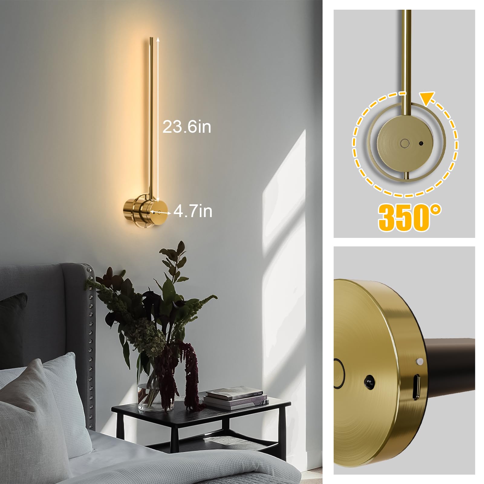 Wireless Wall Sconces Set Of Two, 23.6'' Rechargeable Art Display Light, 3 Color Temperature Dimmable With 350? Rotation Wireles