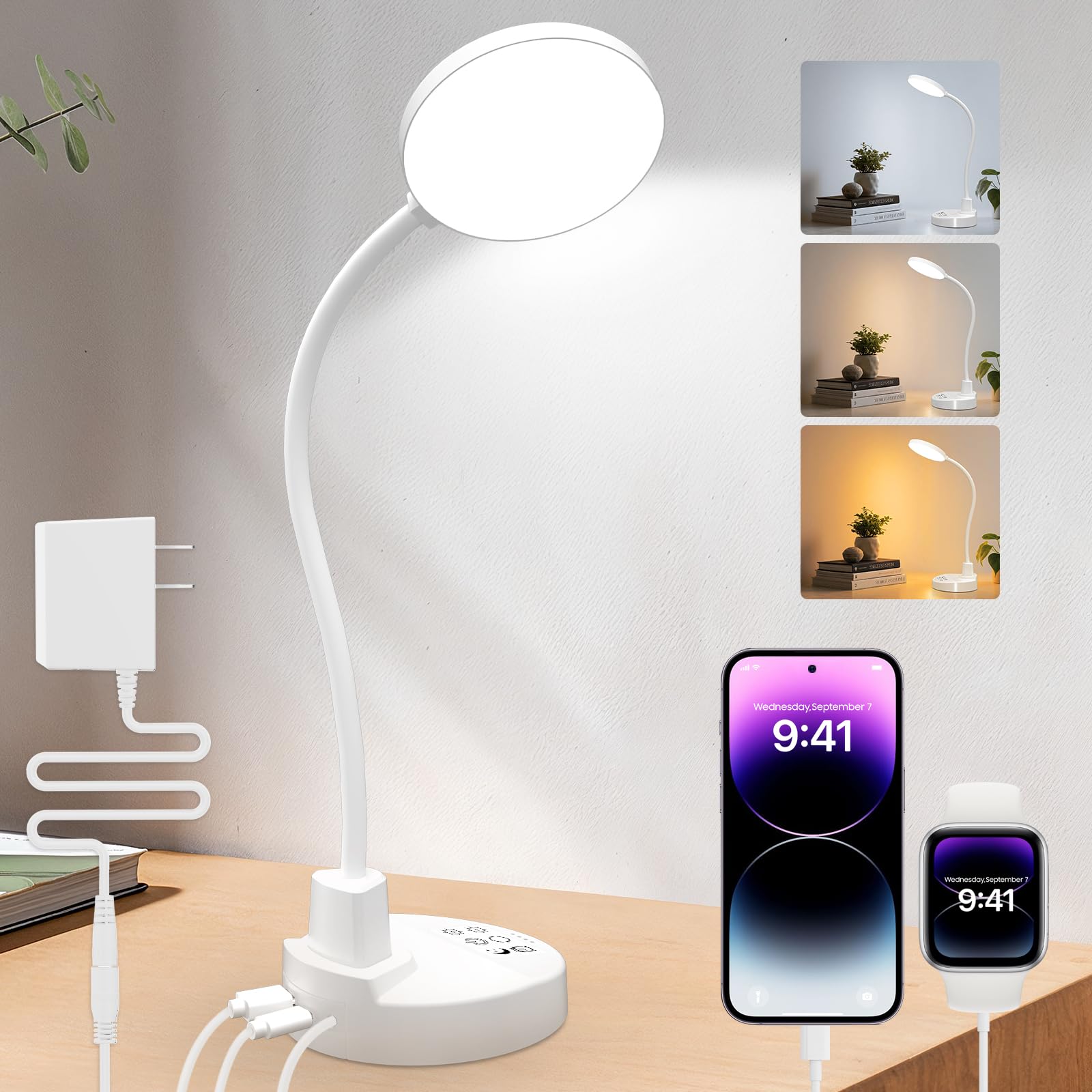 15W LED Desk Lamp with USB Charging Ports - Dimmable Table Lamp with 3 Color Temps, 5 Brightness, 4 Timers, Flexible Gooseneck L