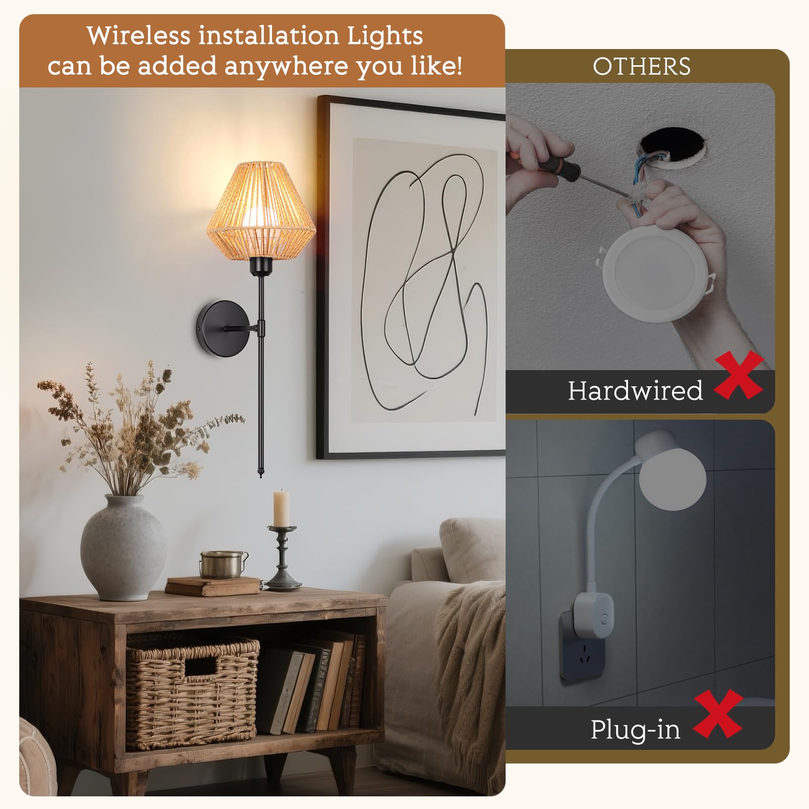 Ovyiech Rattan Rechargeable Wall Sconces Set of 2, Dimmable with Remote, 15 Color Changing, Black-Brown, Model YH8803BG