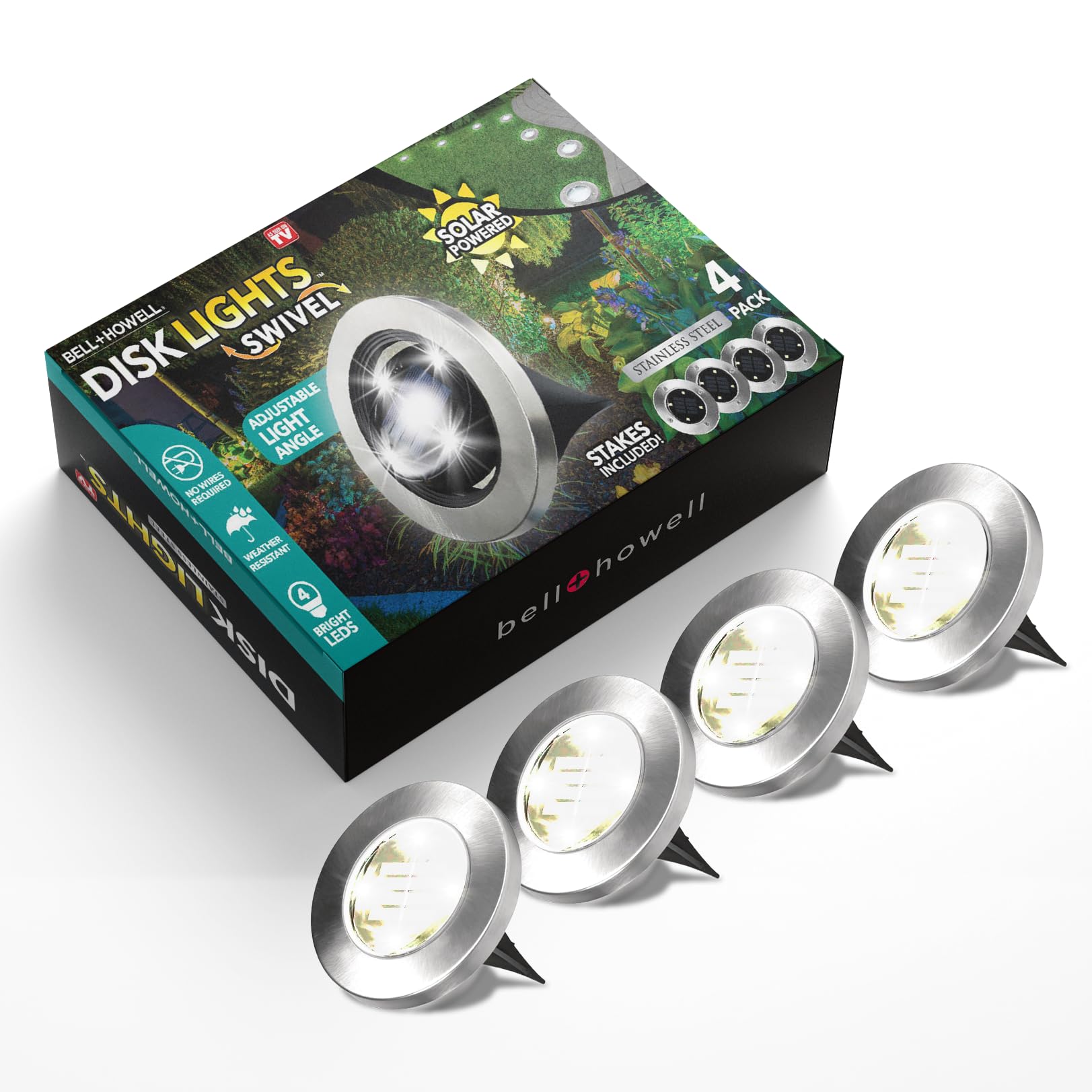 Bell+Howell Swivel Disk Lights Set of 4, Solar Powered, 8 LED Bulbs, Plastic, Silver, Model 7846FEC