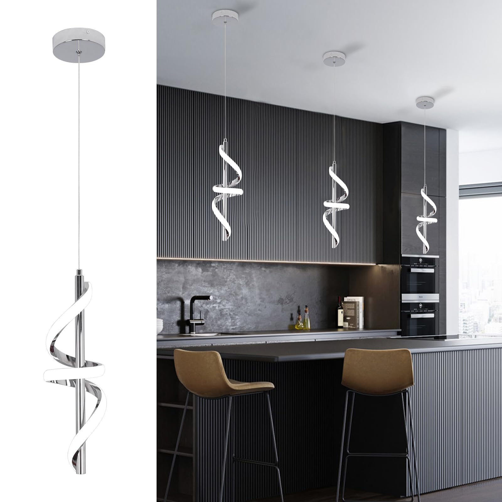 CANEOE Modern Pendant Light Kitchen Island Lighting 6000K Chrome LED Pendant Light Fixtures Over Island Adjustable Height Pendan