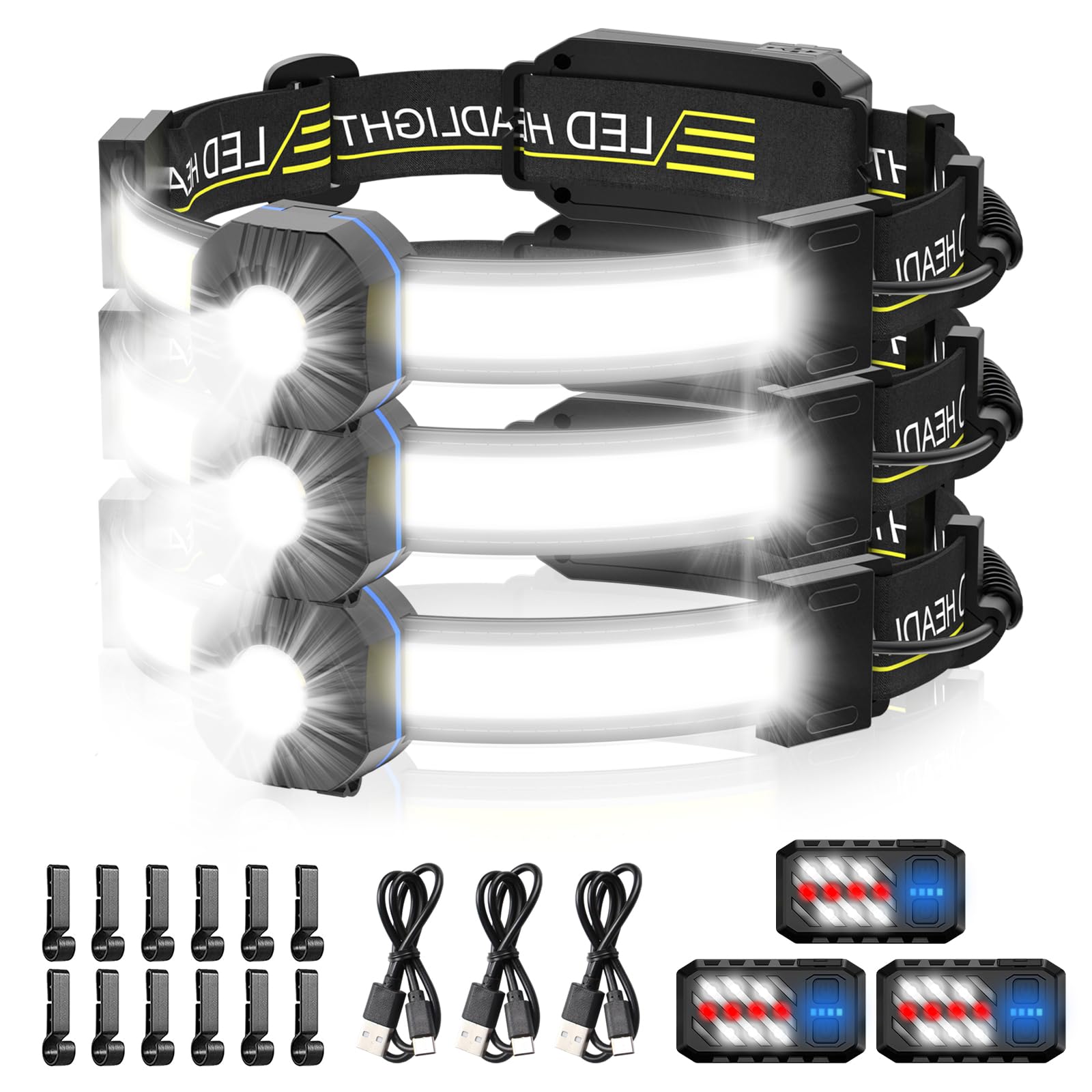 Spriak LED Headlamp, 1000lumens 230 Widebeam Headlight 3Packs, USB Rechargeable HeadLamp with Red Taillight, Lightweight Waterpr