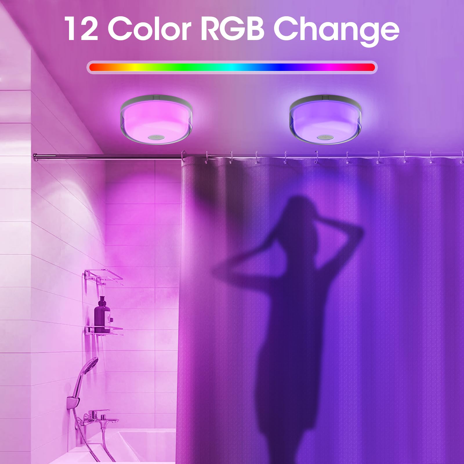 Funlenry Rechargeable Shower Light - 15 Color Changing Mood Light, Multi-colour, 2 Pack, Plastic, Model T056