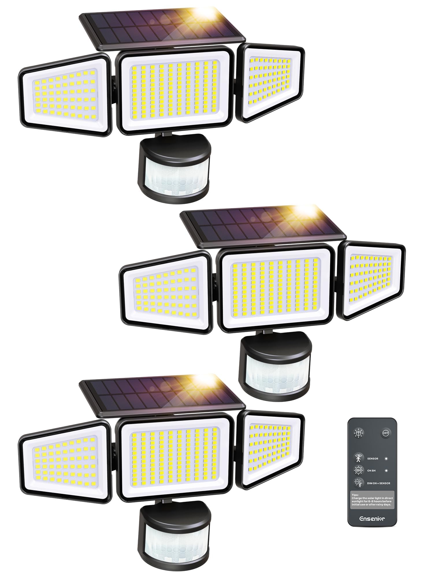 Ensenior Solar Motion Lights Outdoor  3000LM 228 LED High Brightness  Security Lights with Remote Control  IP65 Waterproof 3 Heads Flood Light 4 Modes  270 Wide Angle Motion Sensor Light  3 Pack