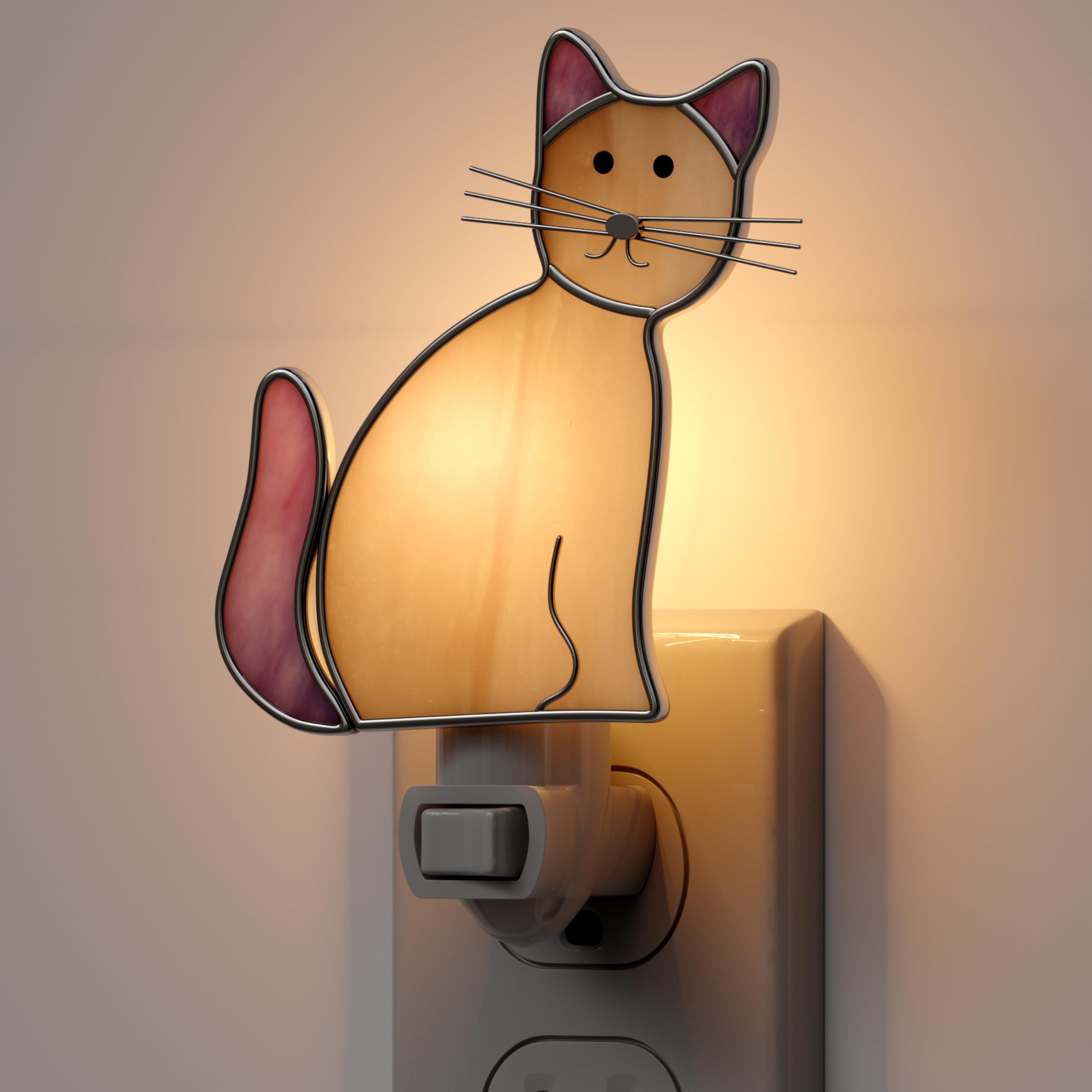 KY&BOSAM Stained Glass Cat Night Lights Plug into Wall 1-Pack 7W Plug in Night Light Dusk to Dawn 3000K Warm White Bright Nightl