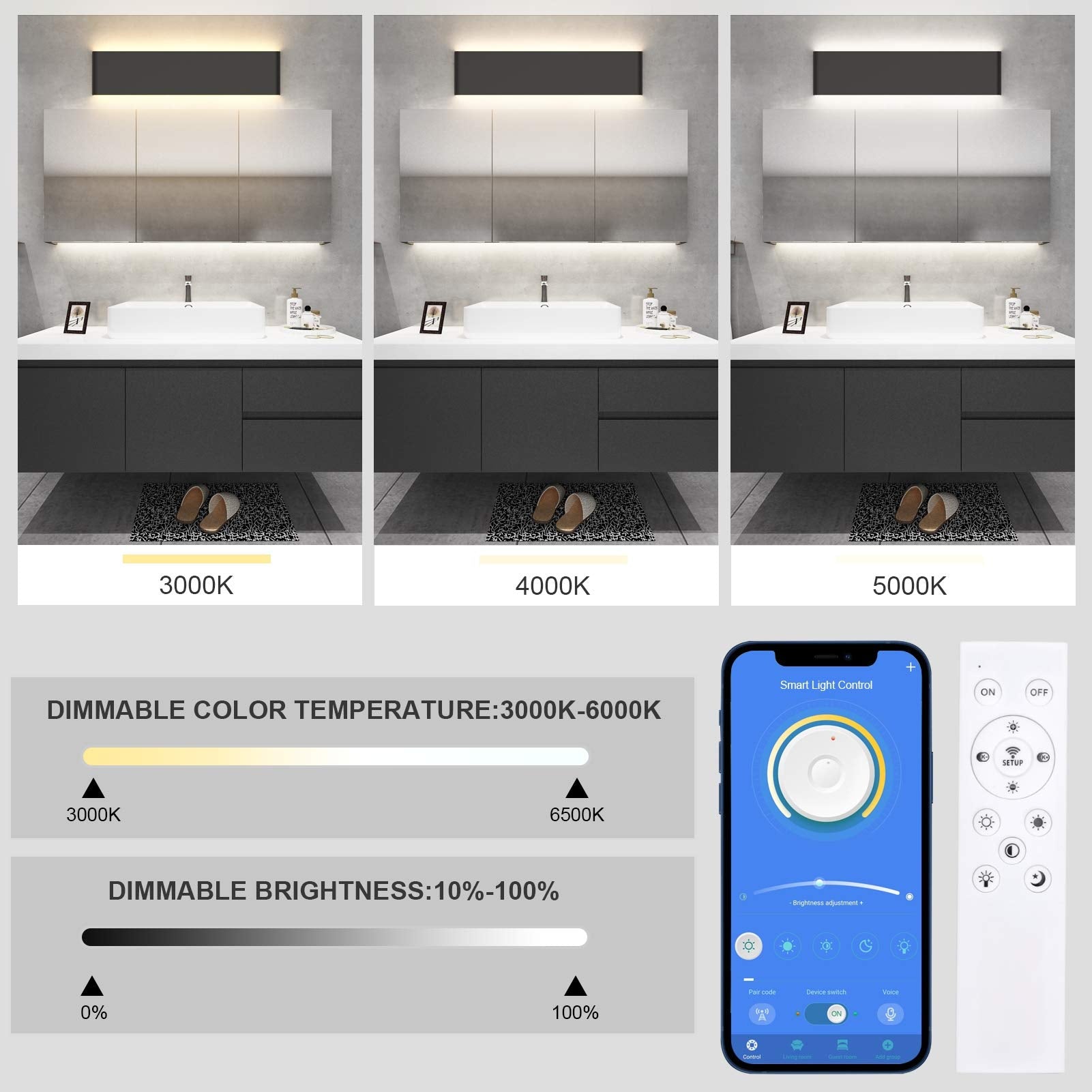Aipsun 24In App & Remote Control Dimmable Modern Black Vanity Light Fixtures Color Temperature Adjustable Led Bathroom Light Fix