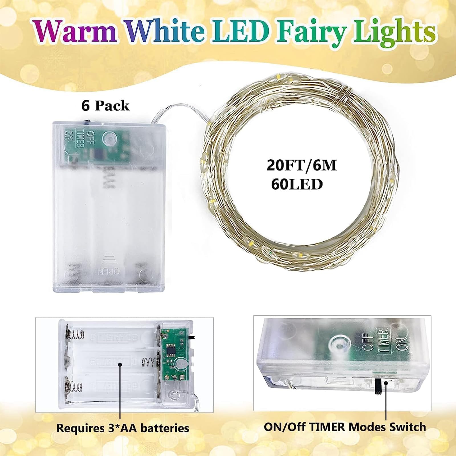6 Pack Fairy Twinkle Lights Battery Operated, 3 Pack Cool Whie & 3 Pack Warm White Each 20Ft 60 Led Waterproof Outdoor Christmas