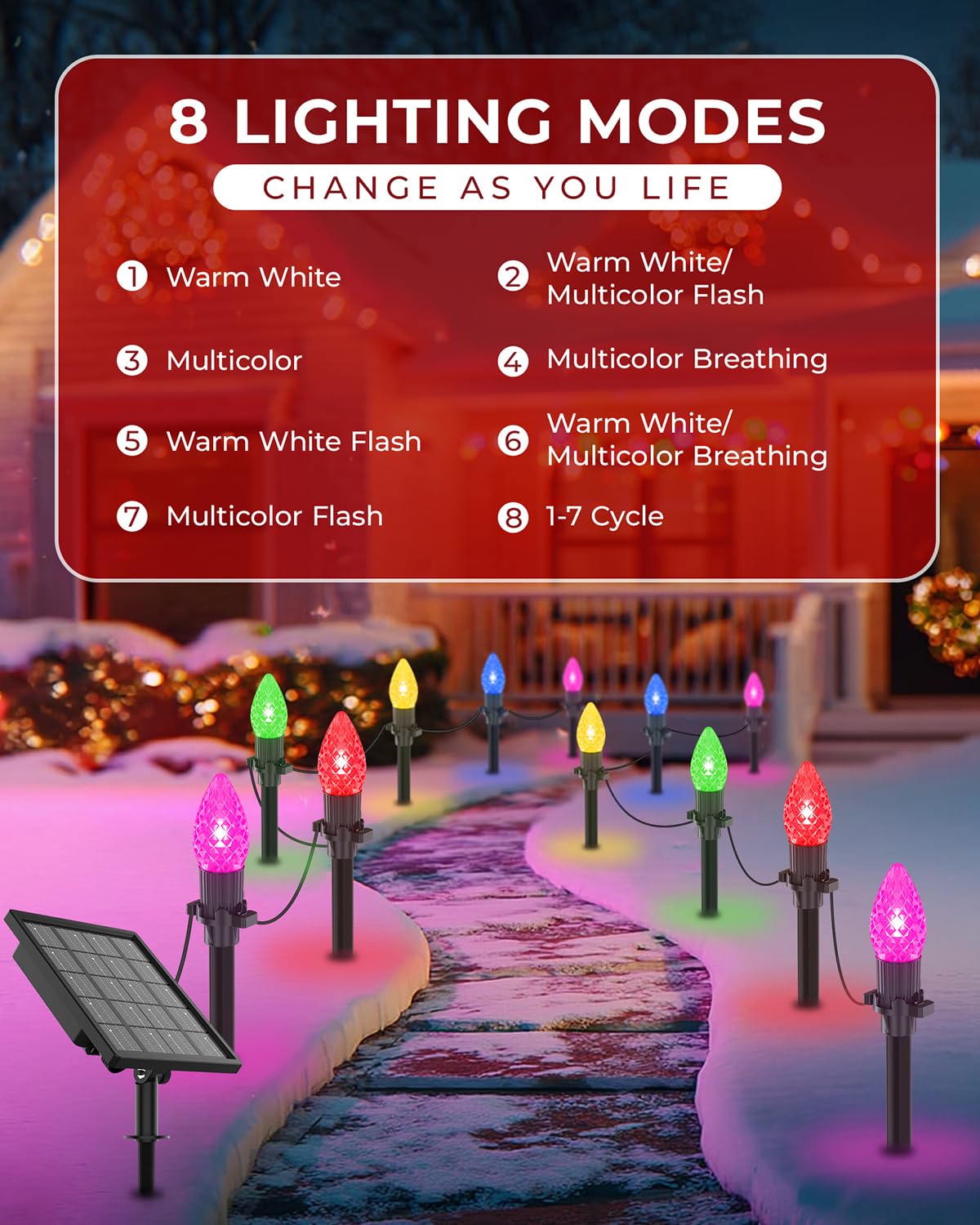 Freecube 50Ft C9 Led Solar Christmas Pathway Lights Outdoor  25 Multicolor Bulbs With 8 Modes & Timer  Waterproof Solar Christmas Stake Lights For Yard Lawn Sidewalk Driveway Outdoor Decorations