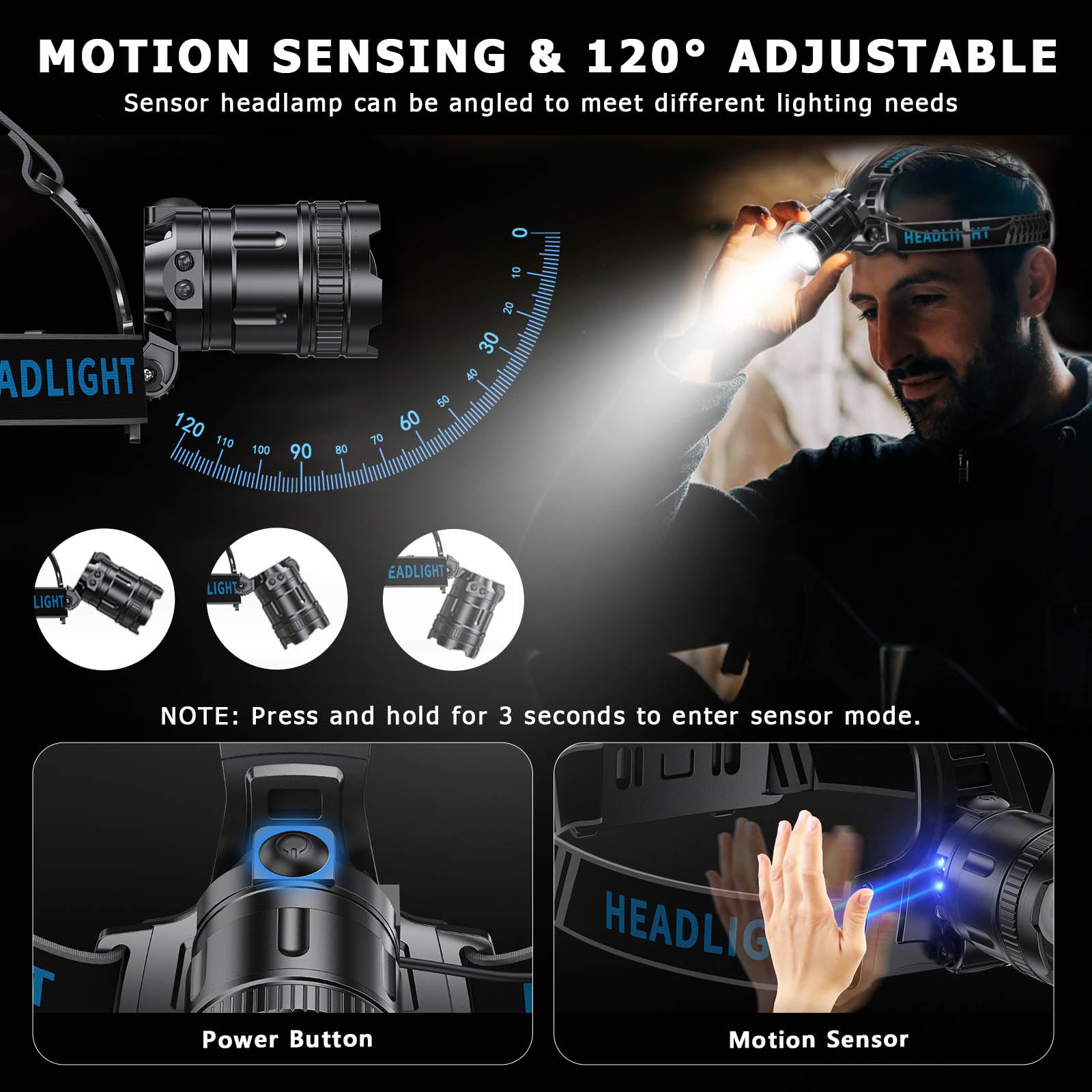 ADDplus LED Headlamp Rechargeable 2000 Lumens, 5 Modes, IPX7 Waterproof, Adjustable 120°, Black, Model DY-TD-LV132