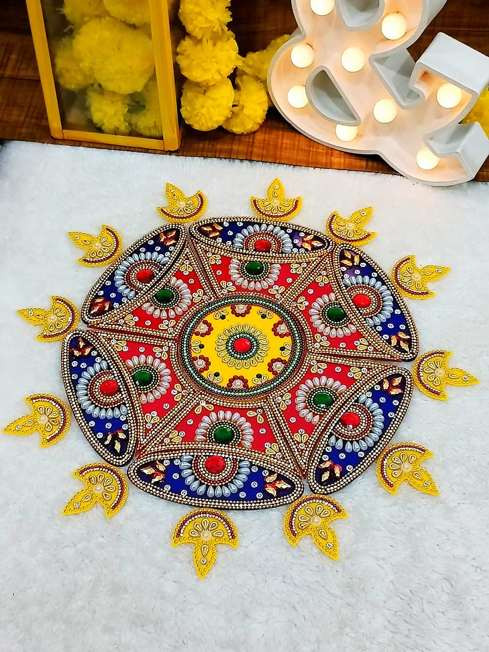 Itiha® 12 Diya Rangoli Indian Decor for Wall, Floor & Table Decoration for Christmas and Diwali - 25 Piece Handmade(15 inches)