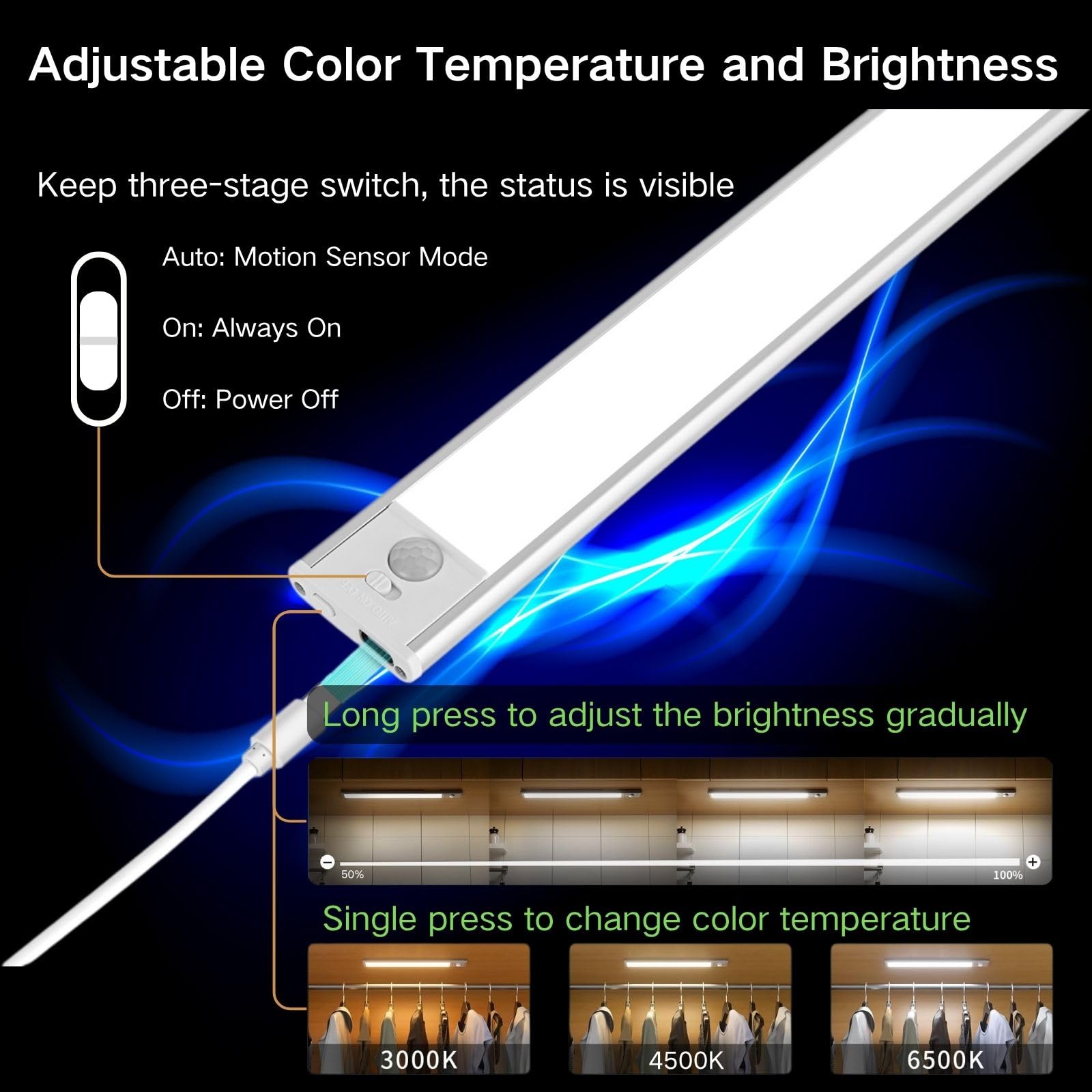 Sanofuturion Motion Sensor Under Cabinet Lighting-Magnetic Rechargeable Closet Lights For Kitchen Stairs Wardrobe | 3-Color Dimmable Led Under Counter Lighting | Pro Battery Upgrade (2  8 Inch)