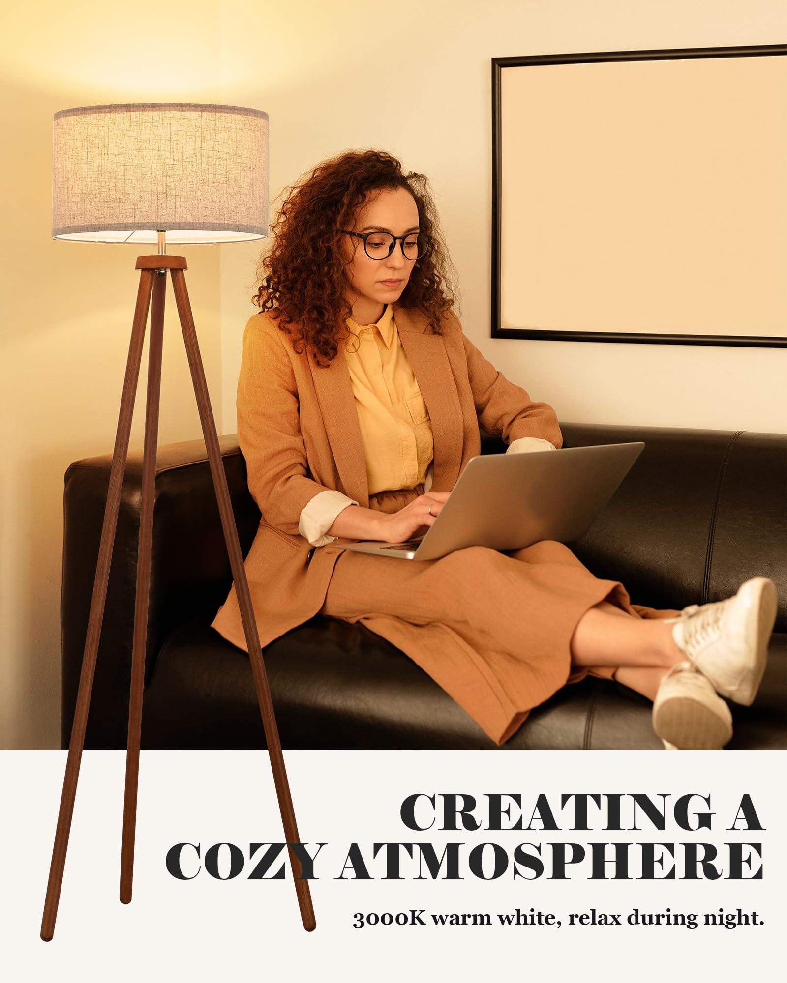 ELYONA Wood Tripod Floor Lamp - Vintage Style with LED Bulb, Beige Shade, Brown & Nickel Metal, Model UF1101-WB for Living Room & Office
