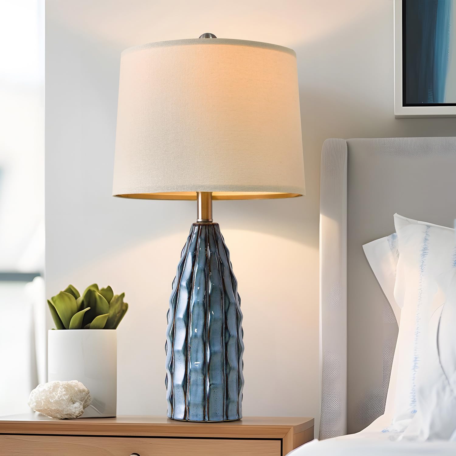 Usumkky 23.75'' Modern Blue Ceramic Lamps Set Of 2 For Living Room Study Room Office Dorm Farmhouse Nightstand, End Table Lamps