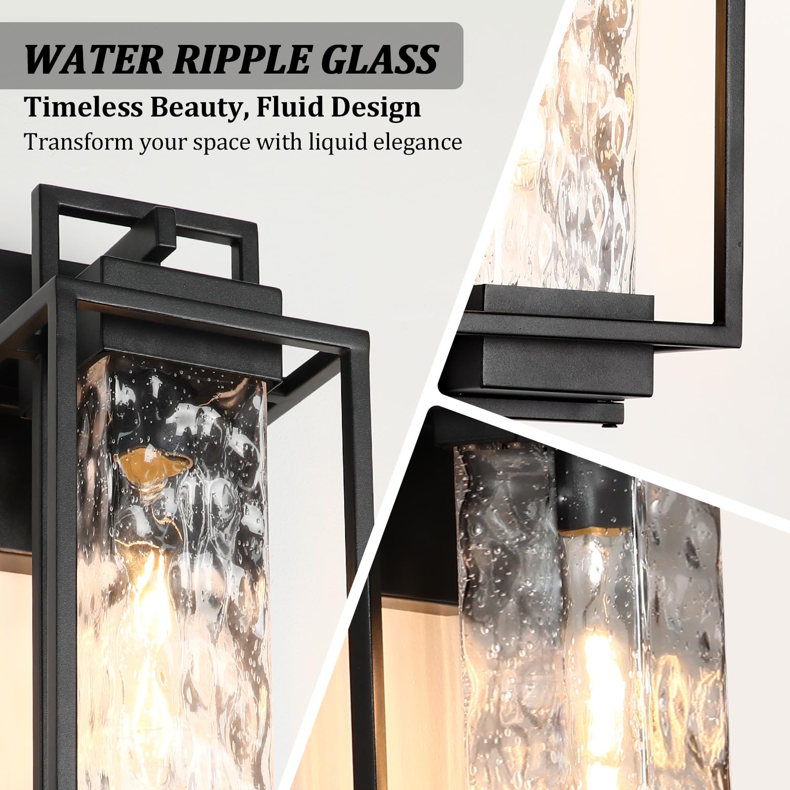 BesLowe 2-Pack Outdoor Wall Lights, Black, Water Ripple Glass, 15” Fixtures, Model 5271XX