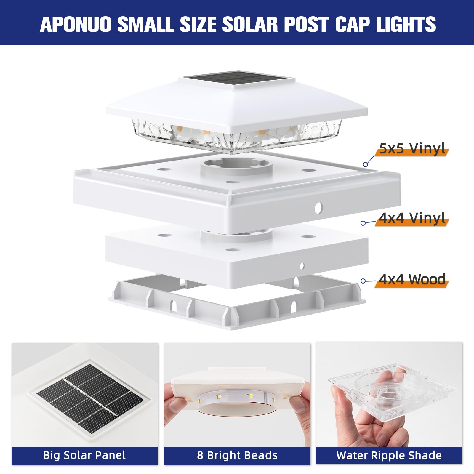 APONUO 4x4 Solar Post Cap Lights, 8 Pack, IP64 Waterproof, Cool White LED, Plastic, for Wood/Vinyl Posts, Outdoor Garden & Patio