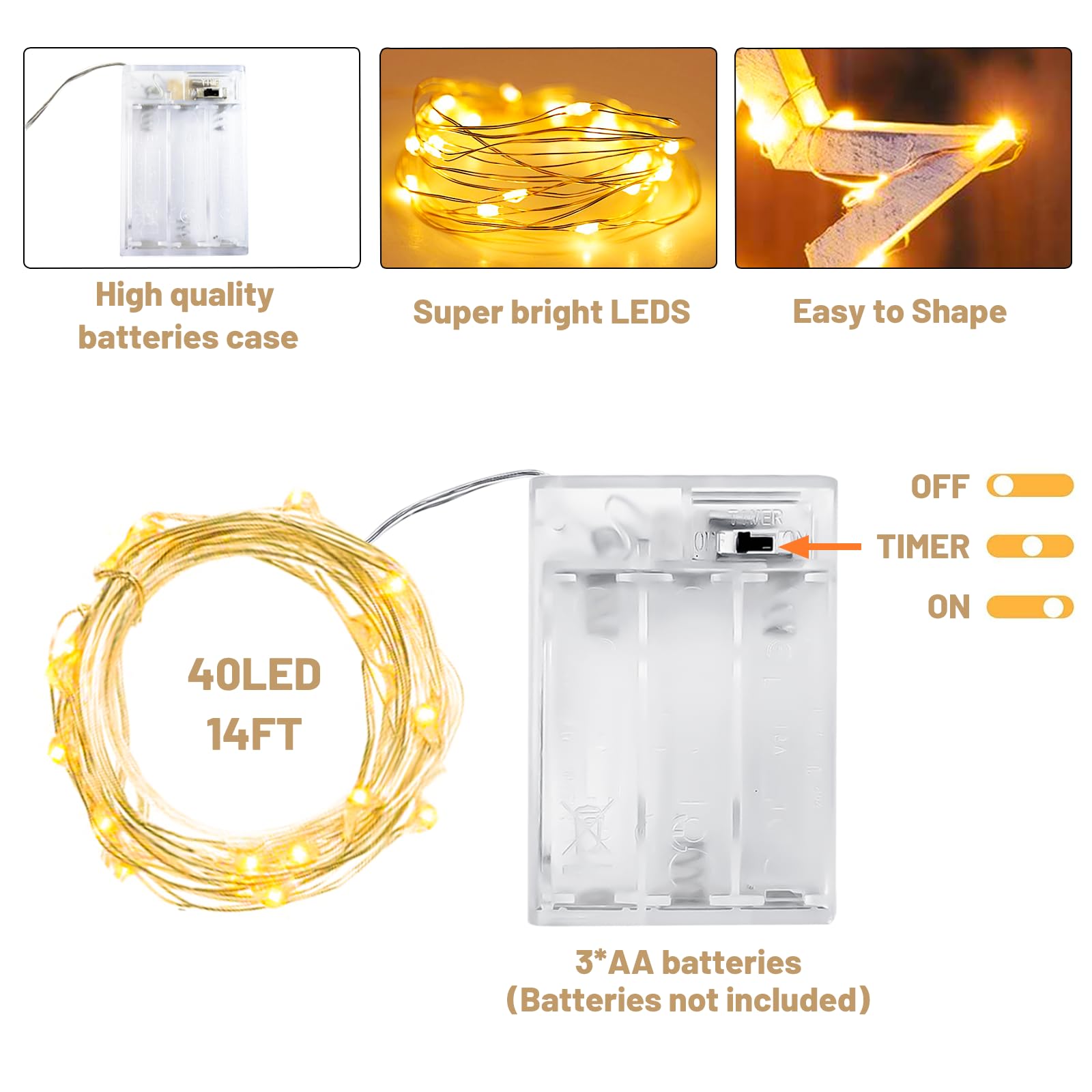 Yiaht 12 Pack Led Fairy Lights Battery Operated String Lights With Timer Waterproof Silver Wire 14 Feet 40 Led Twinkle Mason Jar Lights For Wedding Party Bedroom Patio Christmas Warm White