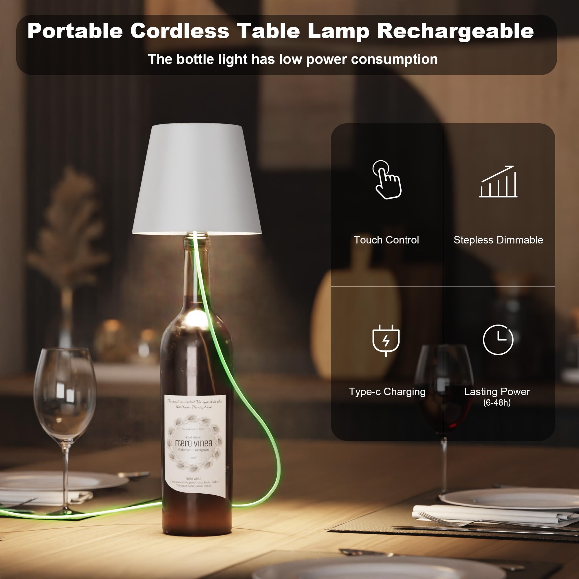 ULAROOM Wireless LED Bottle Lamp - Rechargeable USB-C, Dimmable Touch, White, Small for Home Decor, Bedroom, Living Room & Bar