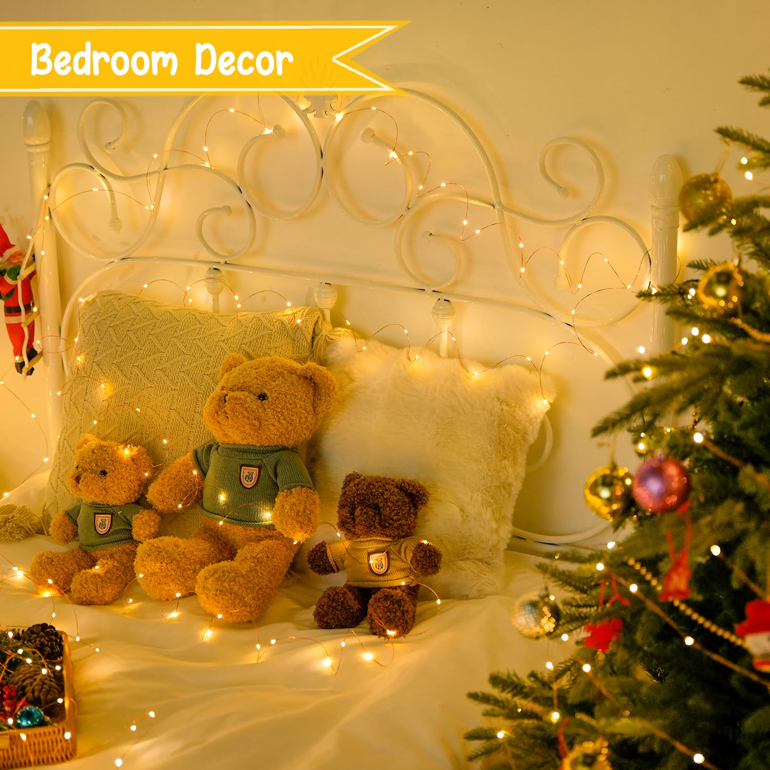 JMEXSUSS 100 LED Fairy Lights, Battery Operated, Warm White, 8 Modes, Copper, Indoor Christmas Decor, 2 Pack