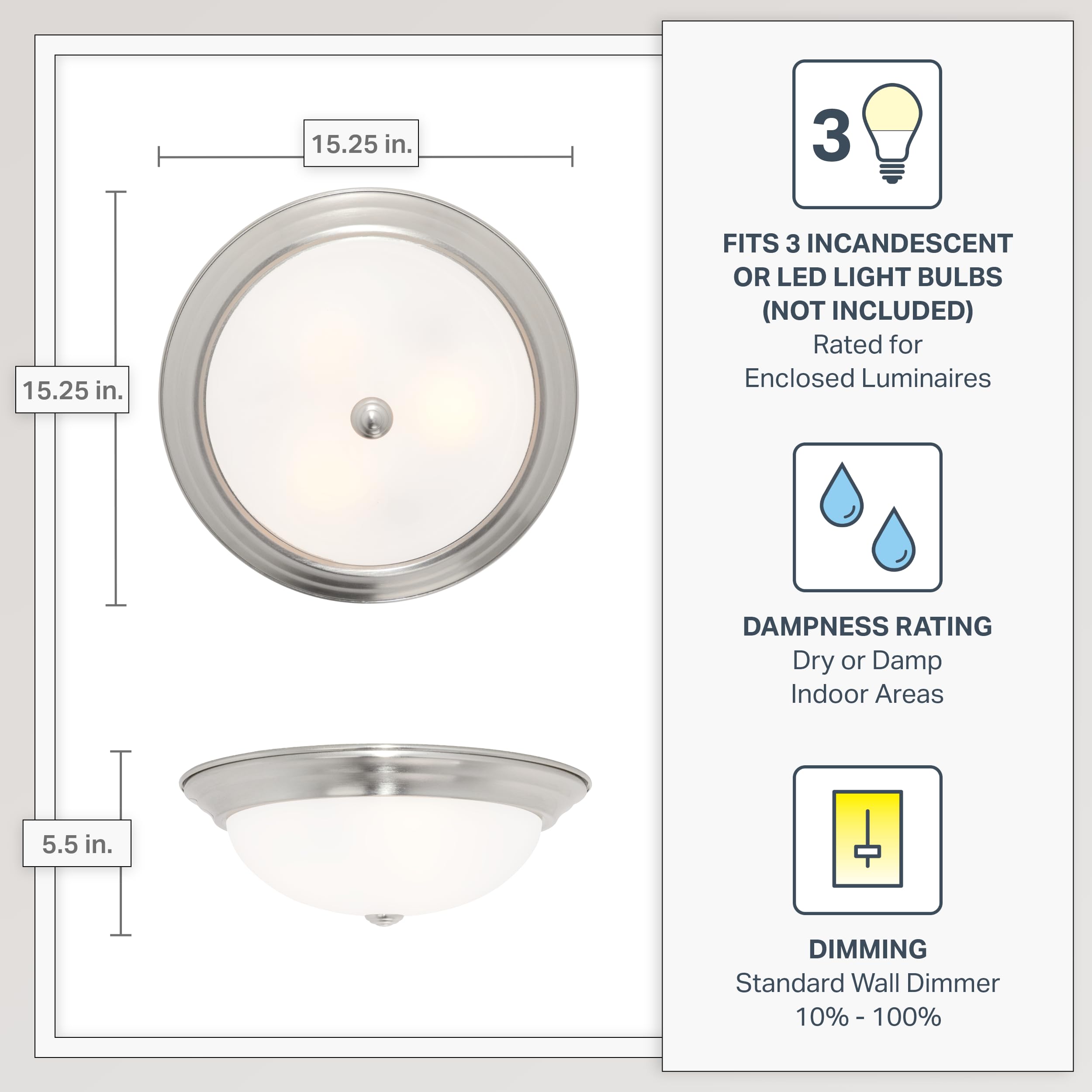 Designers Fountain 3-Light Flush Mount Ceiling Light, 15 Inch Lighting Fixture For Kitchen, Bedroom, Bathroom, And Hallway, Satin Platinum With Etched Glass, 1257L-Sp-W