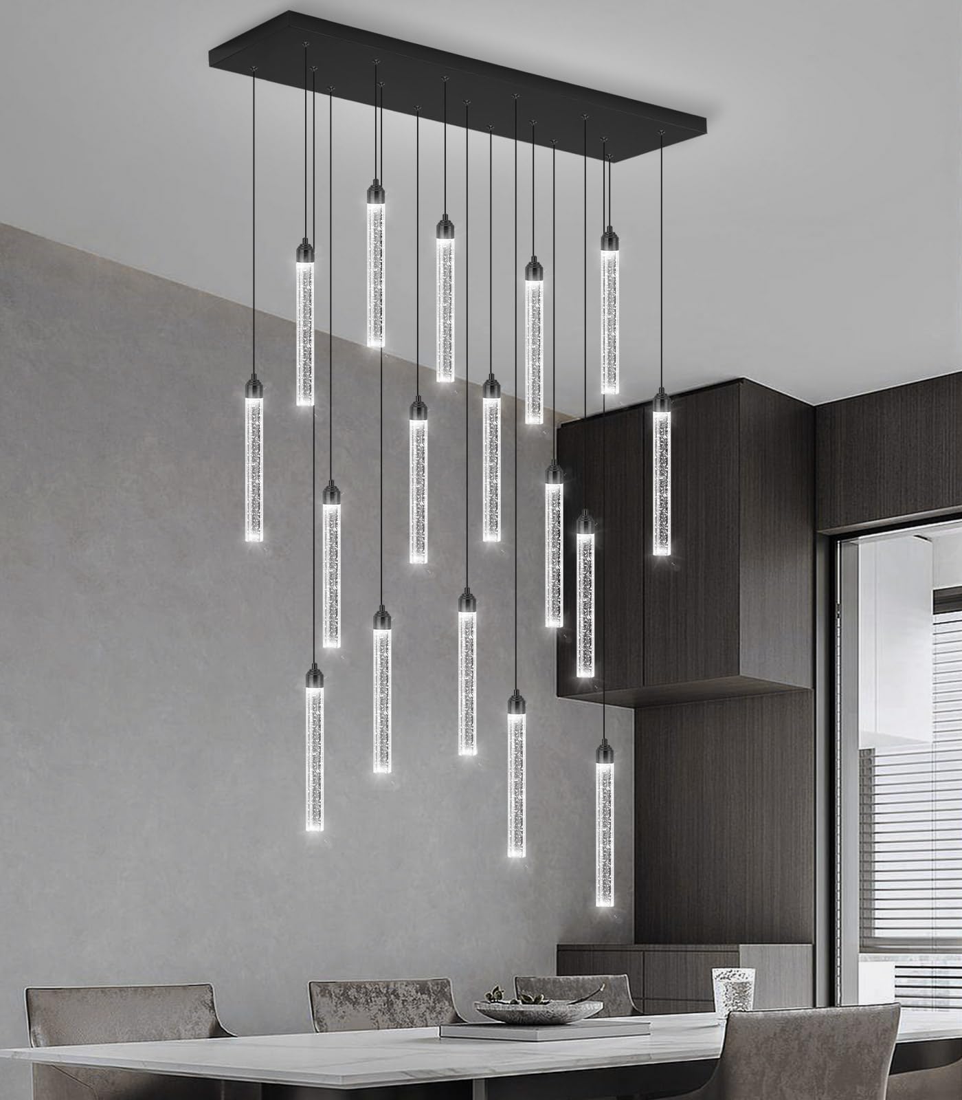 Dolria Rectangular Chandelier, 17-Lights LED Pendant Light, Dimmable, Black Metal, Model PC0008-CT-17B, Ideal for Entryway & Living Room