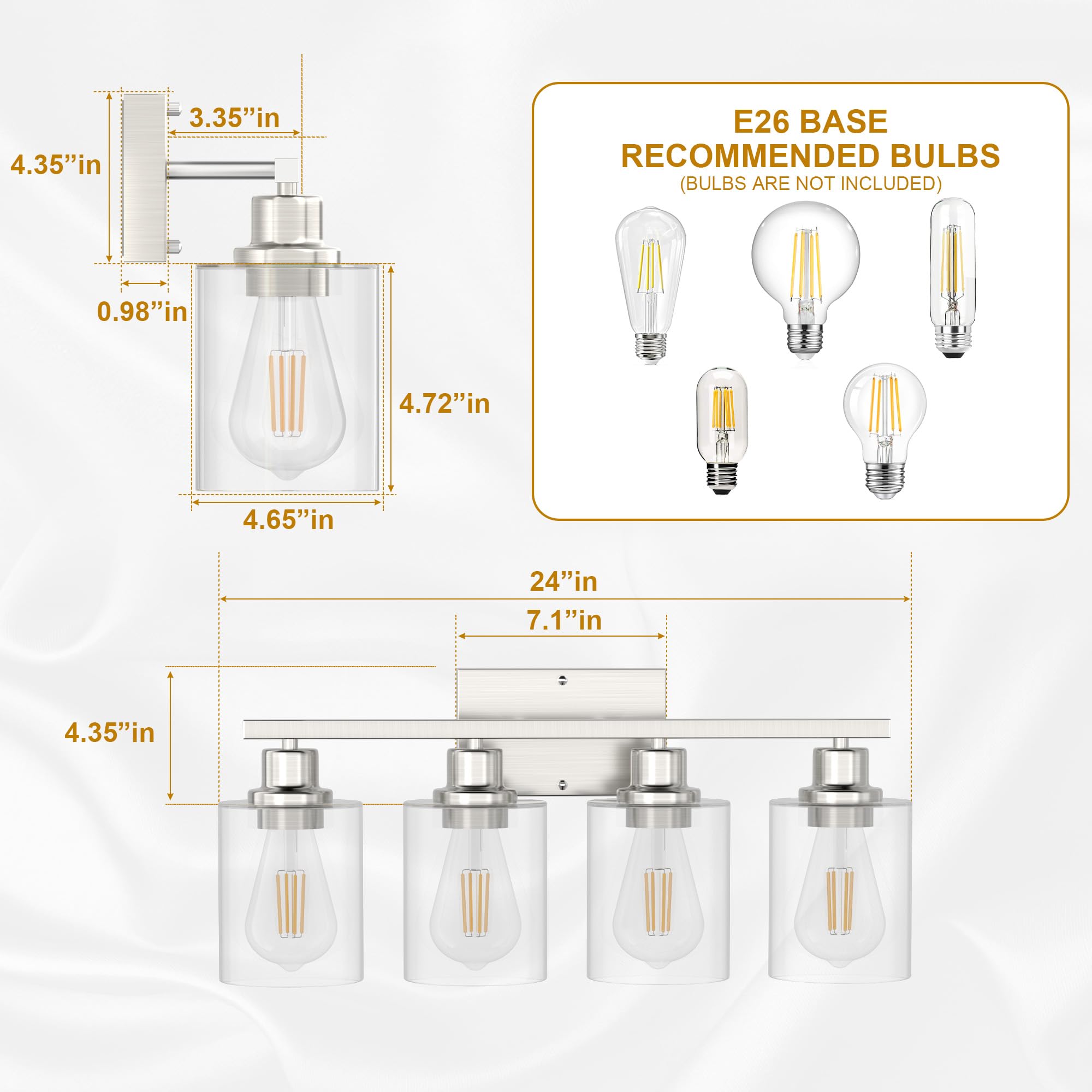 Dekang 4-Light Bathroom Vanity Fixture, Brushed Nickel, Modern Design, E26 Base, Clear Glass Shades, 18 Inches, Model AB-VANITY-TM-4Y