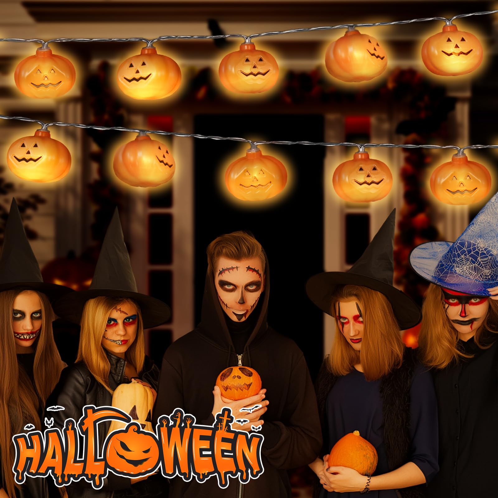 Halloween Decoration, 10Ft 20 Led Pumpkin String Lights, Battery Operated 2 Mode Steady/Flickering Waterproof Halloween Lights F
