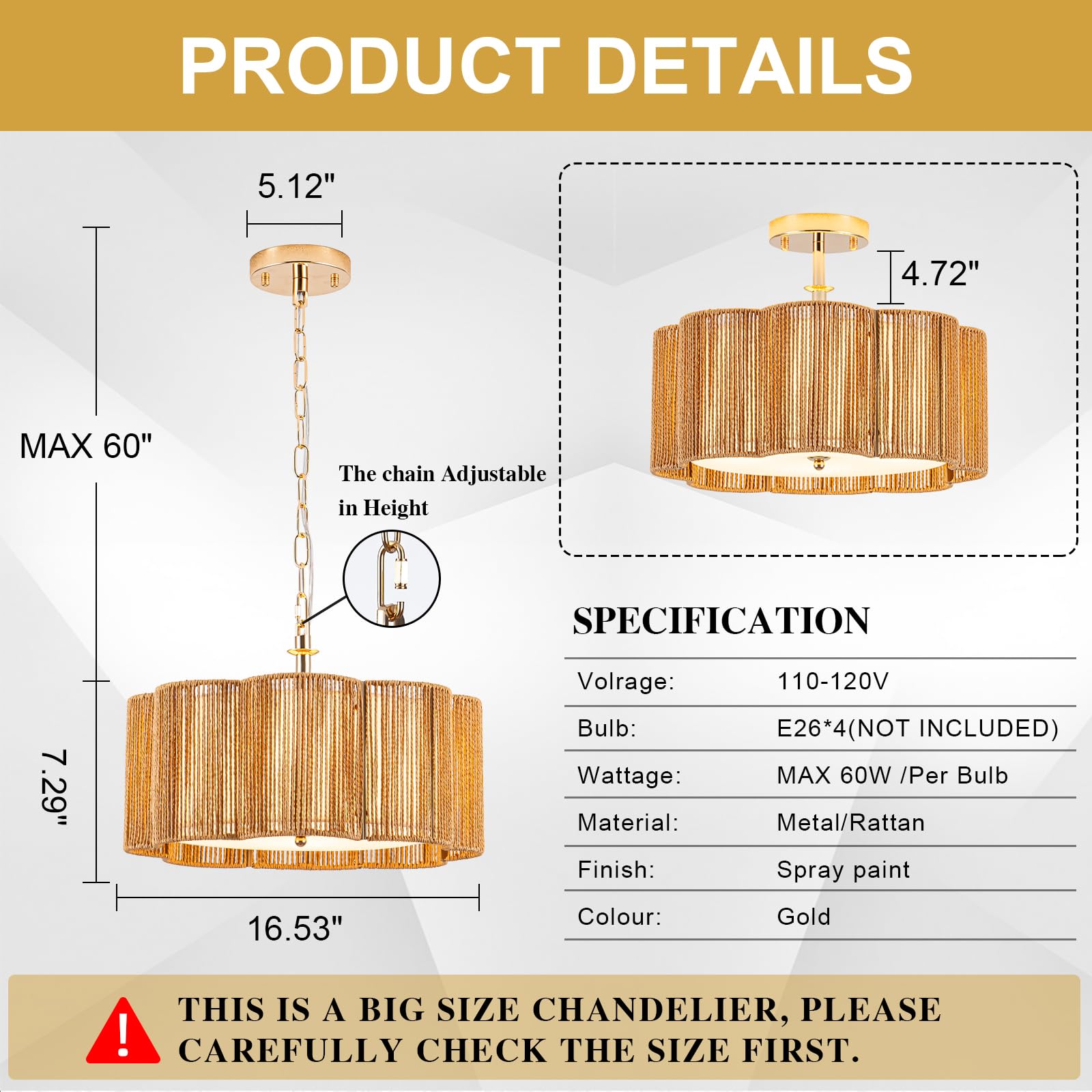 Tbaoinla Plum Linear Weave Rattan Ceiling Light & Chandelier (16.5'' 4-Light) Flush Mount Flush E26 & 3D Woven Fireproof Pc Pane