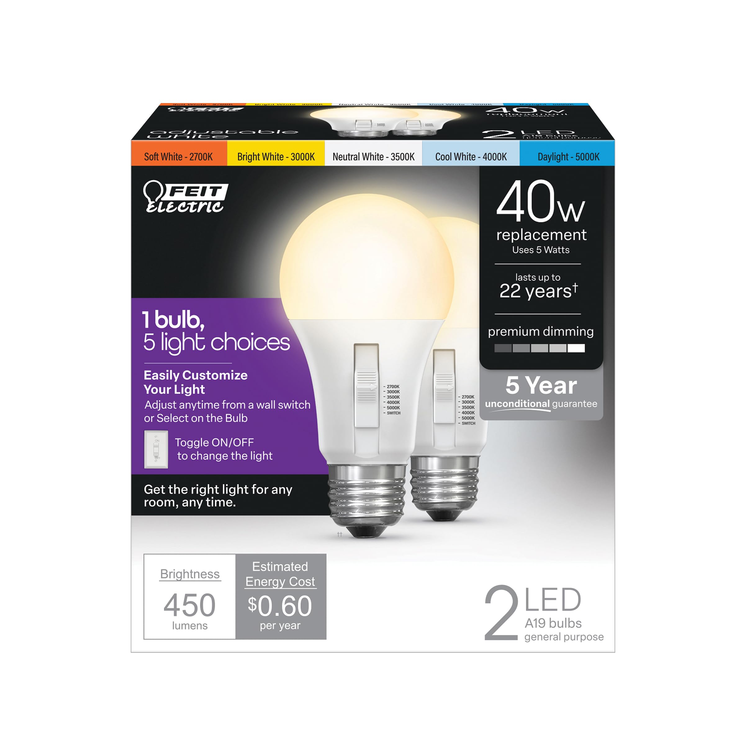 Feit Electric A19 Led Light Bulb, 40W Equivalent, Dimmable, Color Selectable 6-Way, 5Cct, E26 Medium Base, 90 Cri, 450 Lumens, D