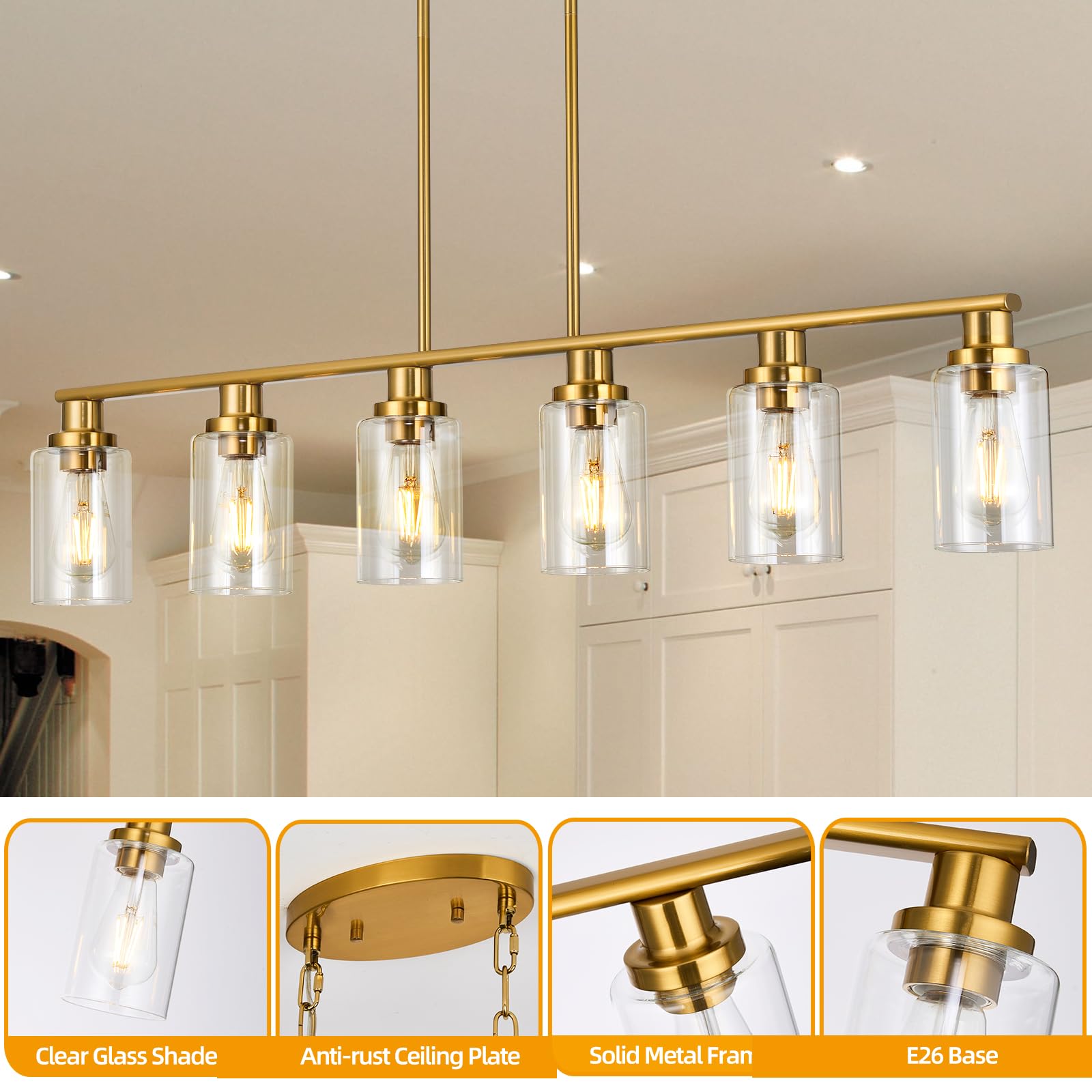 Kpiok Kitchen Island Lighting, 6-Light Modern Dining Room Light Fixture Over Table,44.3'' Vintage Farmhouse Gold Linear Chandelier, Industrial Pendant Lights For Kitchen Island With Clear Glass Shade