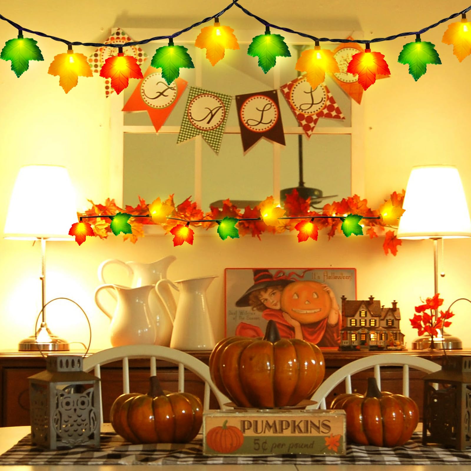 Fall Decor Maples Leaf String Lights, 8.5Ft Led Maple Leaf Lights With 10 3D Maple Leaf Light, Plug In Fall Decorations For Indoor Outdoor Thanksgiving Christmas Halloween Harvest-Orange/Yellow/Green