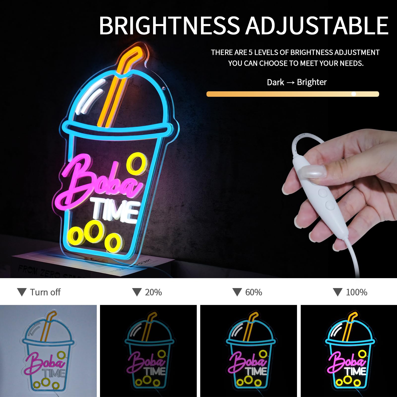 Virlusy Boba Time Neon Sign LED Light - Medium Acrylic Wall Decor - Pink Blue Yellow White - Model YL-Boba Time