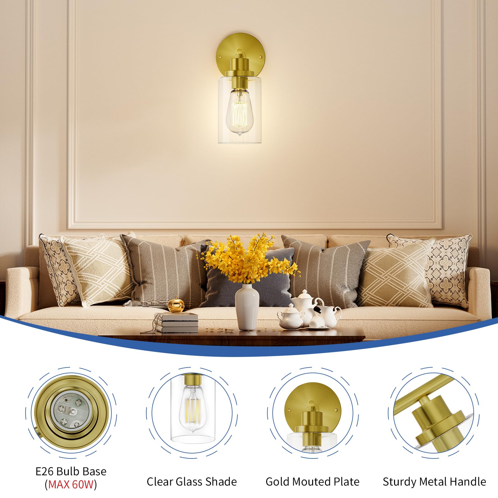 GORDNWE 1-Light Bathroom Wall Sconce, Brushed Gold, Metal, Clear Glass Shade, E26 Bulb Base, Model J0018