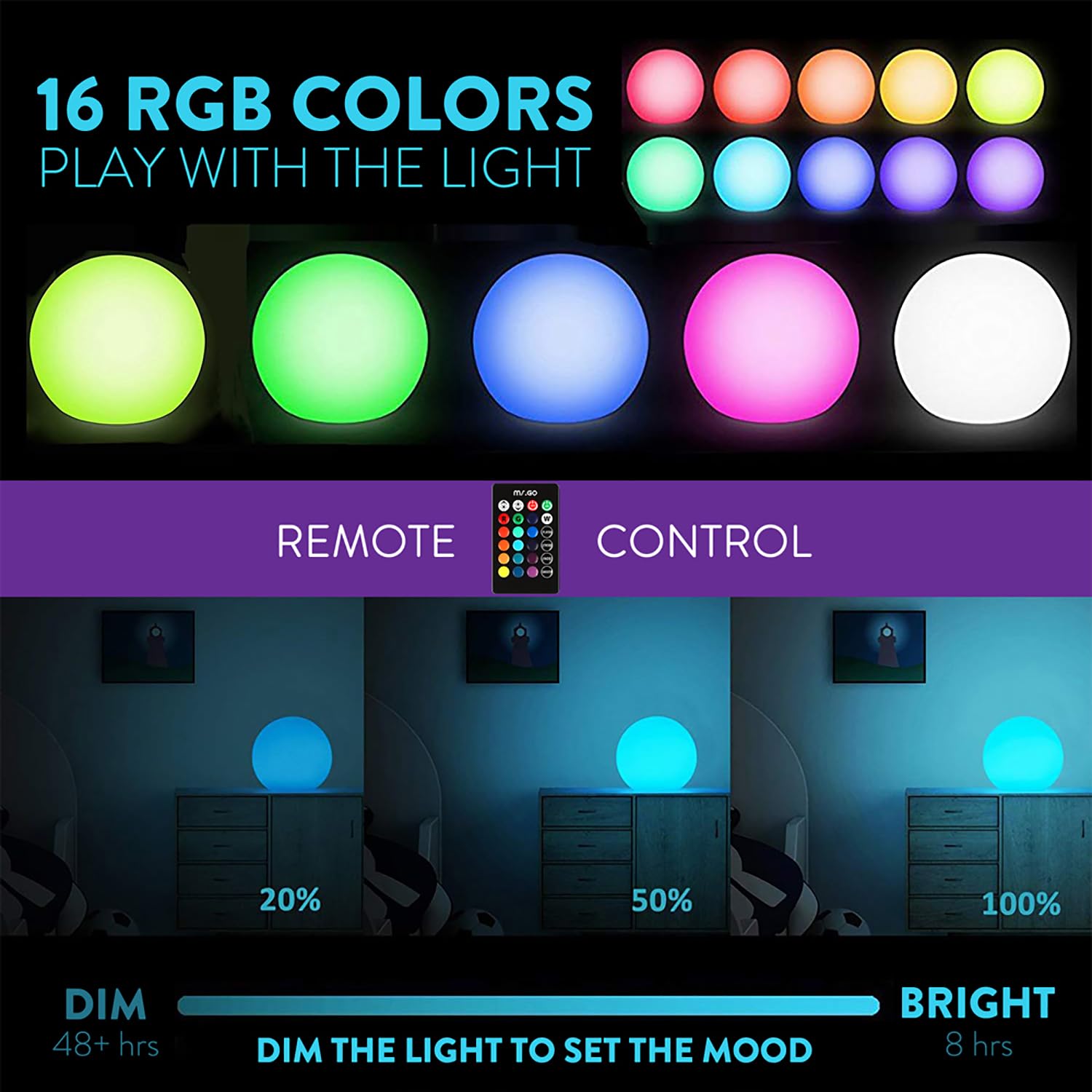 Mr.Go 10'' Ultra-Fun Waterproof Rgb Color-Changing Led Ball Light Orb Globe Lamp, Dimmable 16 Colors 4 Modes, Ideal For Kids Nig