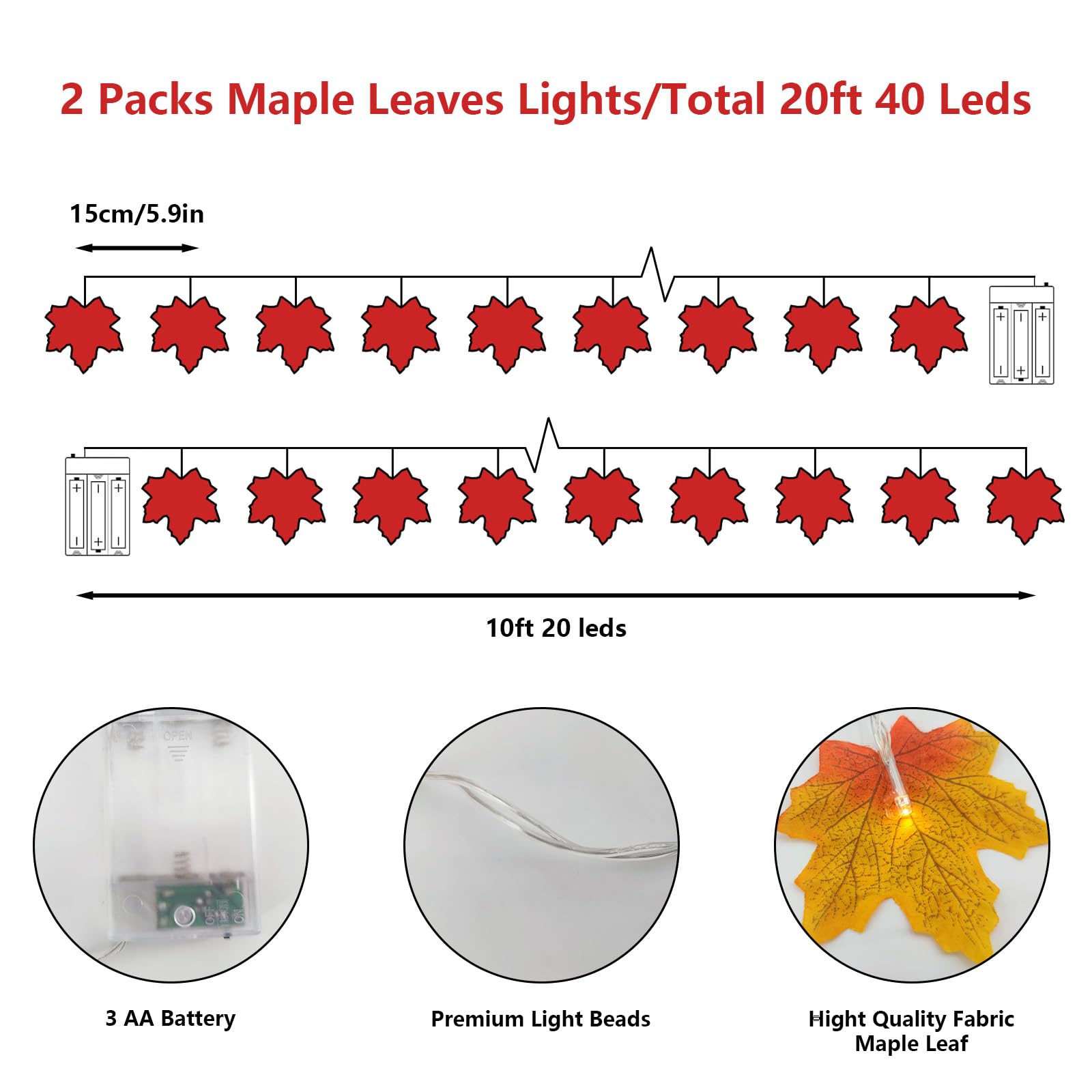 2 Pack Maple Leaf Light, Fall Decorations For Home, Total 20Ft 40Led,Multicolor Fall Leaves String Lights,Fall Garland With Lights, Autumn Thanksgiving Decoration, 2 Modes,Battery Operated(Warm White)