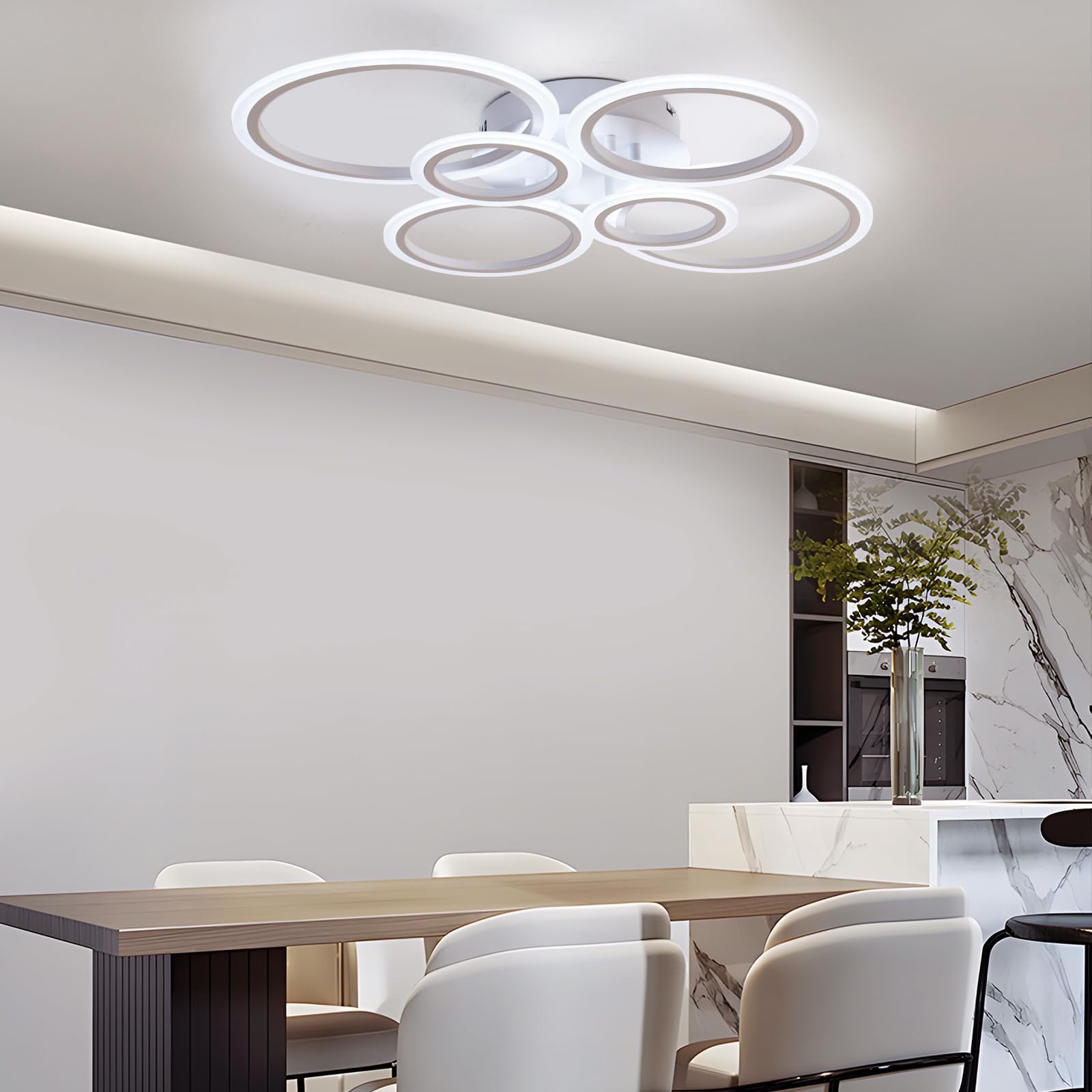 Cyaruy Modern Led Semi-Flush Mount Ceiling Light, Remote-Controlled 3000K-6500K Dimmable, 6-Rings White Round Chandelier Ceiling