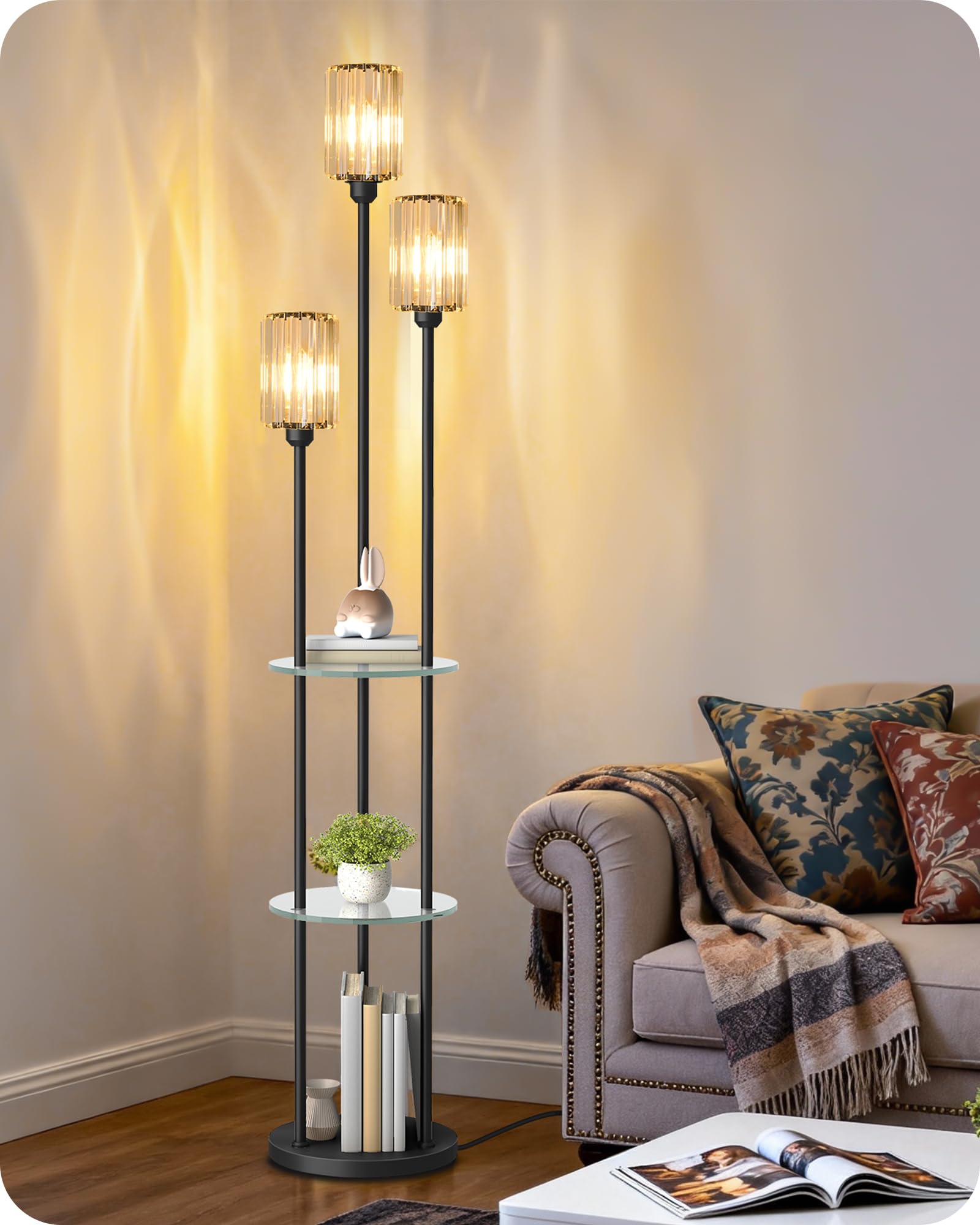 GOEBLESON Black Floor Lamp with Shelves, Modern Floor Lamp with 3 Crystal Shades and Foot Switch, 3-Light Standing Lamp, for Liv