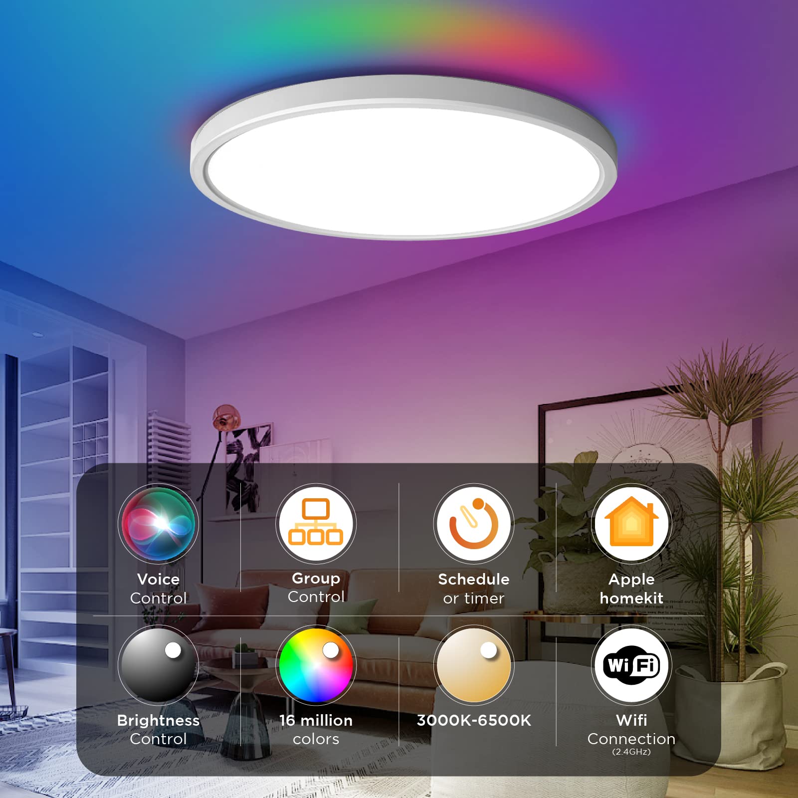 TALOYA LED Flush Mount Ceiling Light Fixture, 15.8 Inch, 28W, RGB Backlight, 3000-6500K, Homekit Compatible, White, Model ALT400