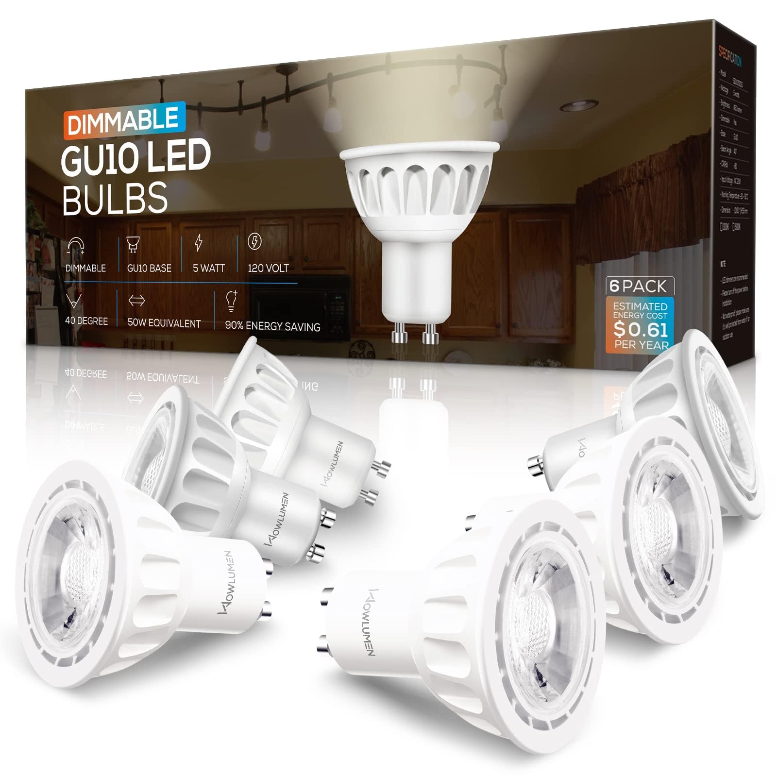 Wowlumen Dimmable Gu10 Led Light Bulbs, Mr16 Gu10 Base Bulb Replacement For Recessed Track Lighting, 3000K Warm White 5W 500Lm 4
