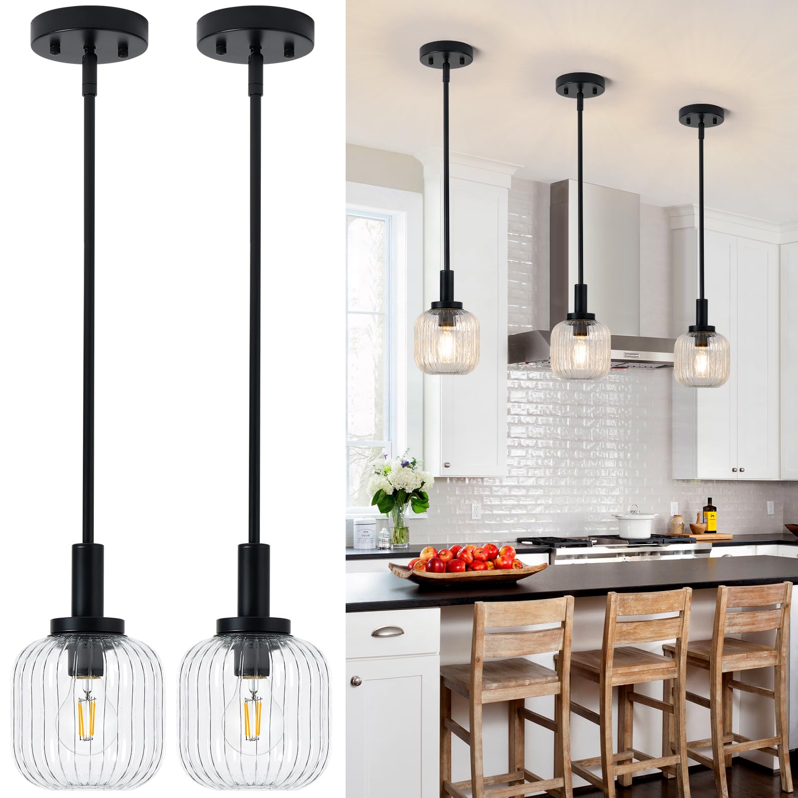 Osimir Glass Pendant Lights Kitchen Island 2 Pack  5.9 Black Modern Pendant Light with Clear Glass and Rods  Mini Hanging Lighting for Kitchen Sink Bathroom Bedroom  OS-YQ7749-2PBK