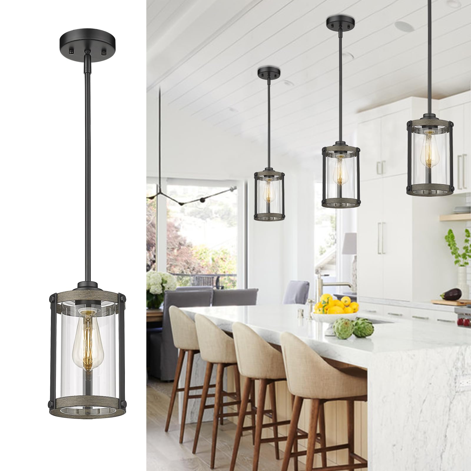 Osimir Farmhouse Pendant Light Fixtures, 1-Light Black Glass Pendant Lights for Kitchen Island, Industrial Rustic Mini Hanging L