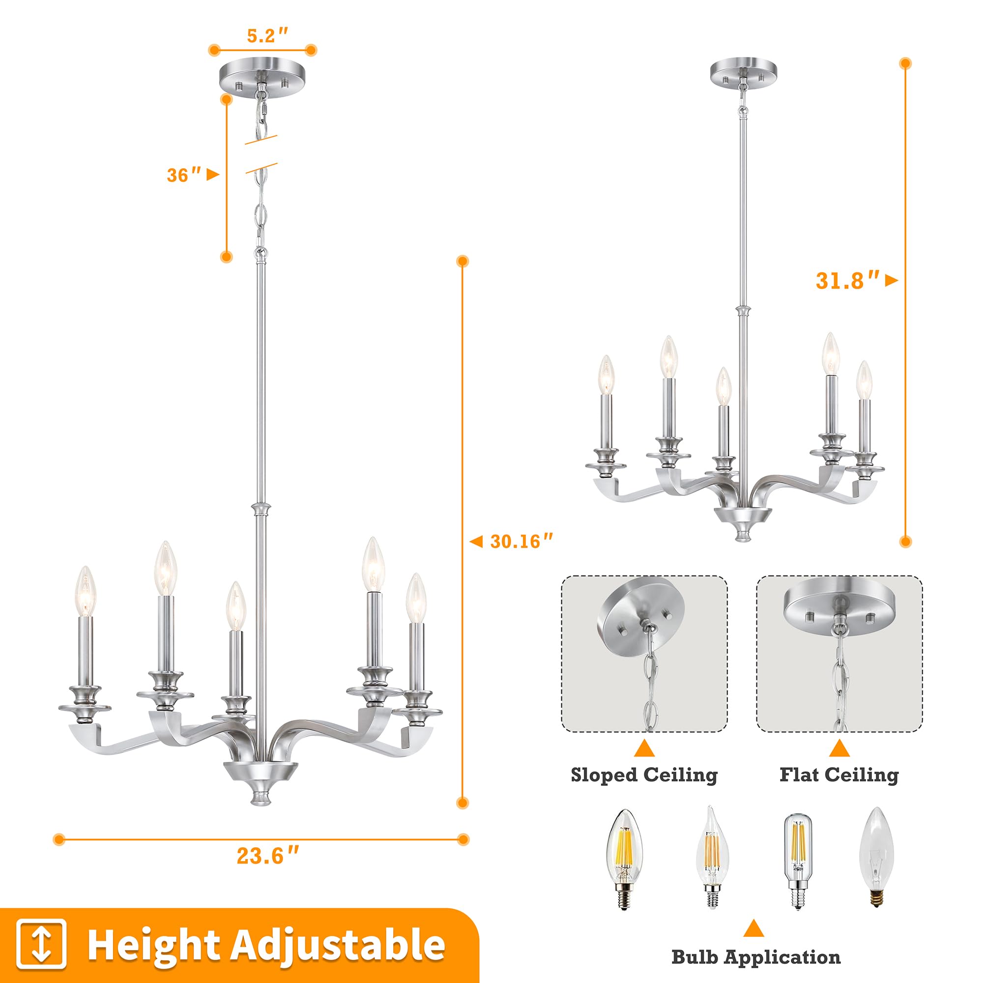 Senroyal Chandeliers For Dining Room, 5 Light Modern Chandelier Light Fixture Over Table, Brushed Nickel Farmhouse Candle Chande