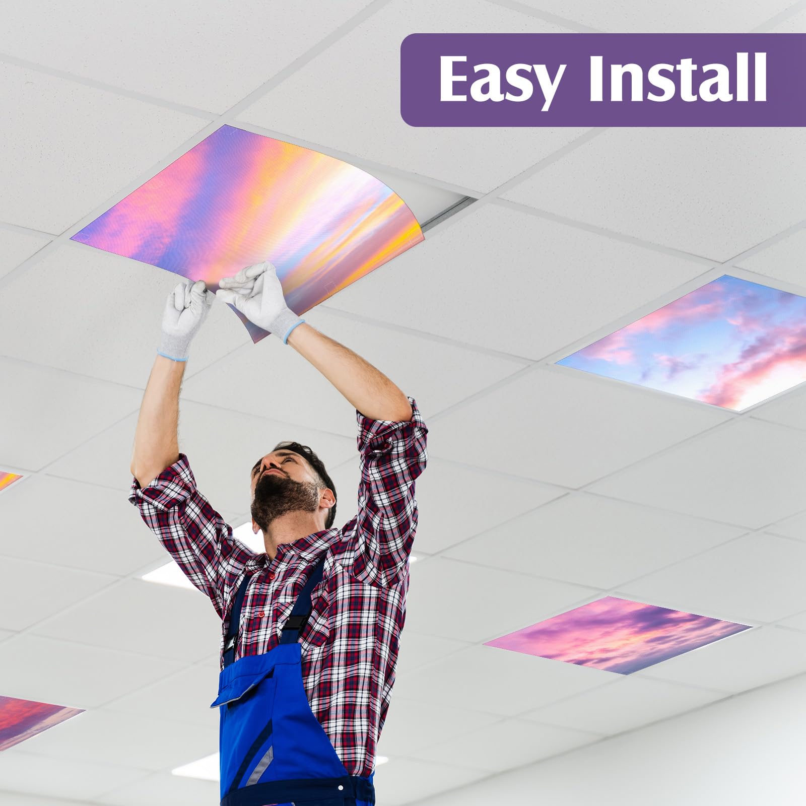 Kittmip Fluorescent Light Covers 6 Pcs 2ft, 100D Polyester, Sunset Clouds, 48 Magnets, Ideal for Classroom Office Kitchen Decor