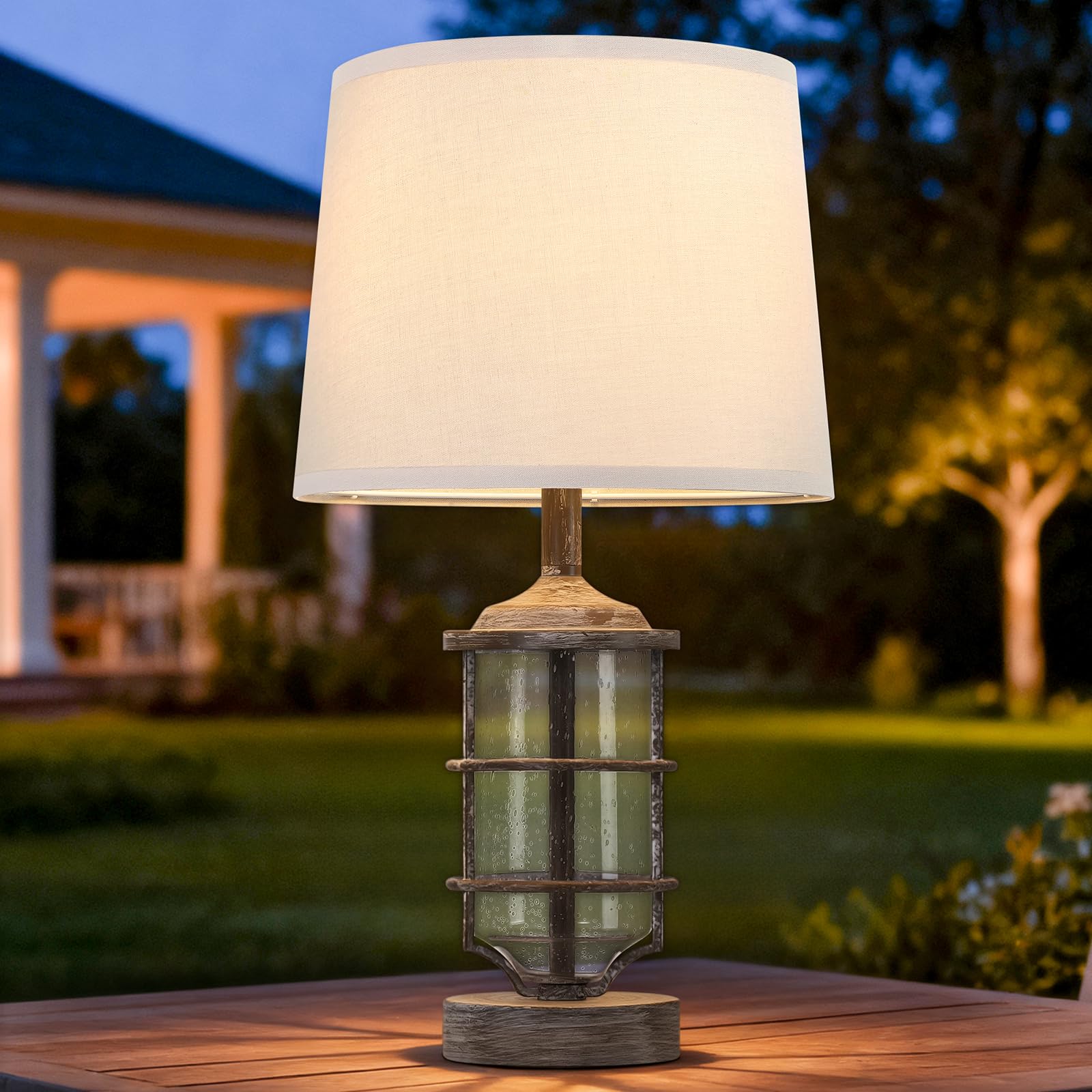 Outdoor Table Lamp, Farmhouse Lamp for Patio Table Decor with Cord, Rustic Table Light with Seeded Glass, 23.5 Plug-in Outdoor L