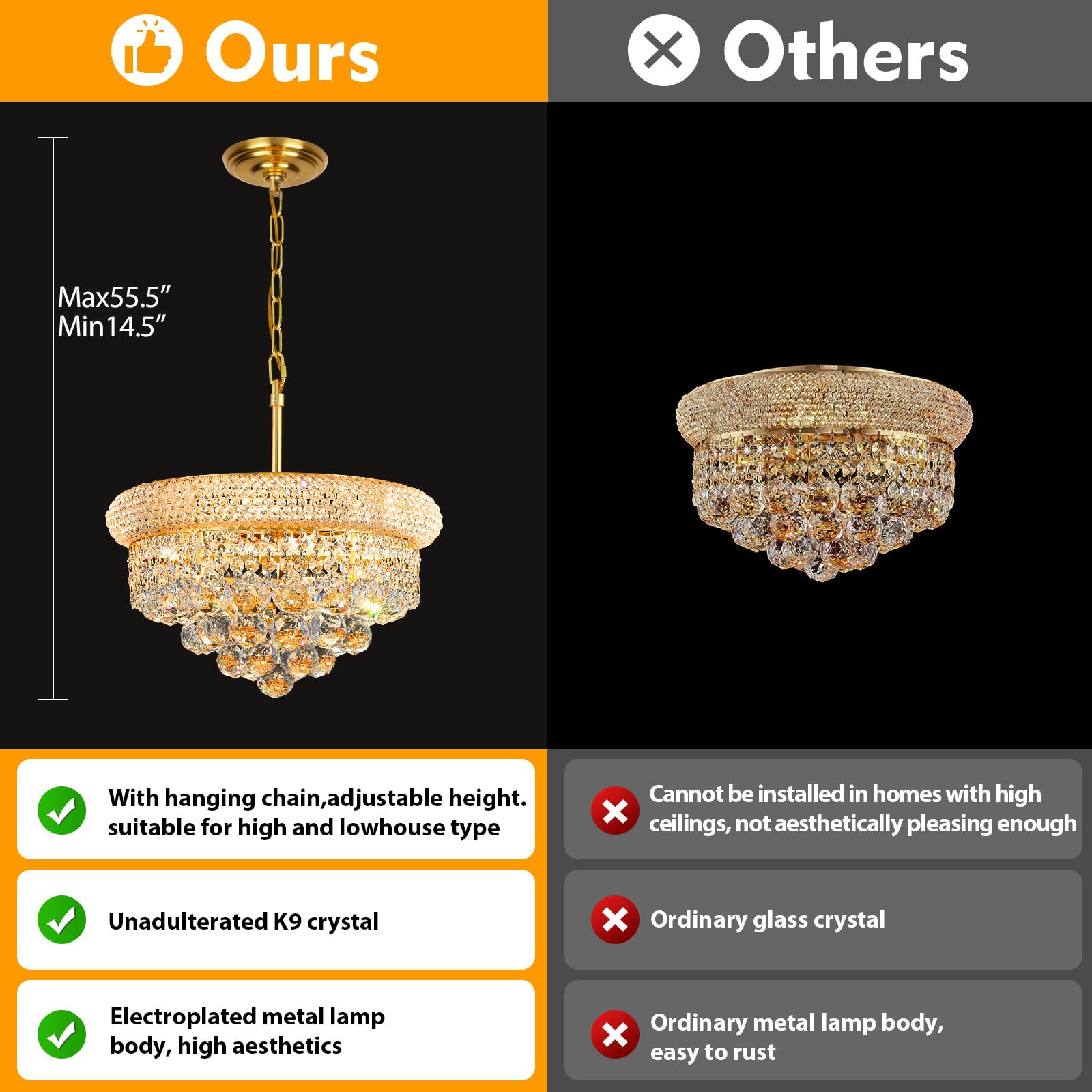 Gifarich Crystal Chandelier - Gold 4-Light Dining Room Light Fixture, D15'', Model 8846-4, Empire Style for Kitchen and Entryway