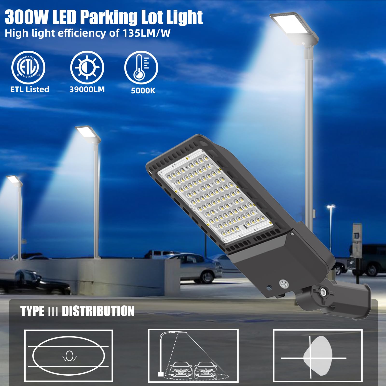 300W Led Parking Lot Light Outdoor 39000Lm Dusk To Dawn Led Outdoor Lighting Slip Fitter, 5000K Daylight Outdoor Street Pole Lig