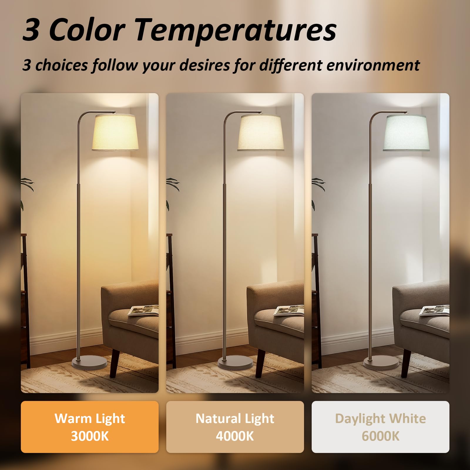 AKASUKI Floor Lamp with 3 Color Temperatures, Metal, Brown Base-Beige Shade, Model LT-1125, Includes 9W LED Bulb