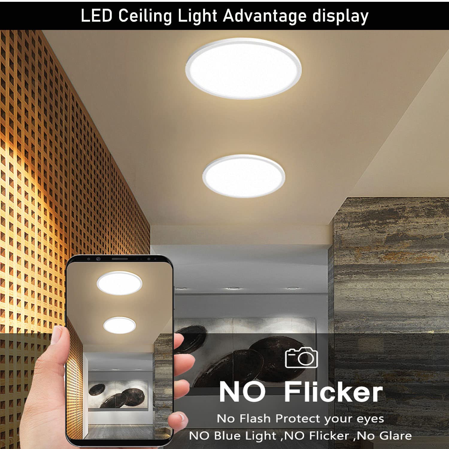 Superyofo Ceiling Light 24W Slim LED Fixture, 9 Inch, Round, Day White 6000K, Black, 250W Equivalent, Surface Mount, 4 Pack