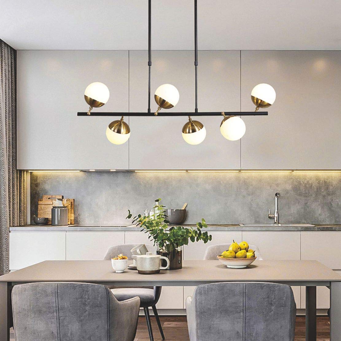 KCO Lighting Mid Century Modern Chandelier, 6-Light Black Gold Globe Pendant, Glass Fixture for Kitchen Island, Dining Room, Model L1093