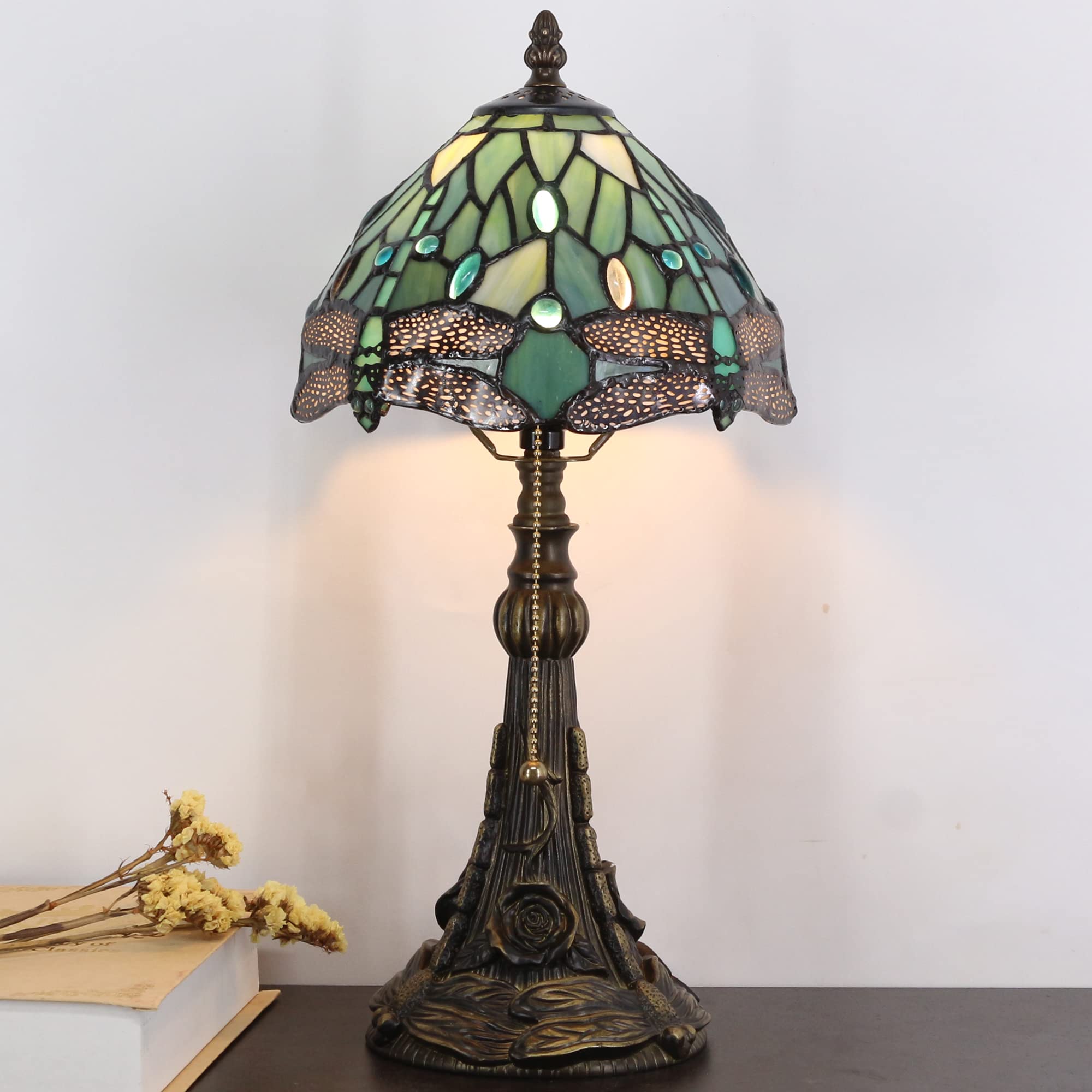 Small Tiffany Lamp Mini Stained Glass Desk Lamp Vintage Table Lamp Tiffany Style Night Light 8X17.5 Inch (Sea Blue Dragonfly Sty